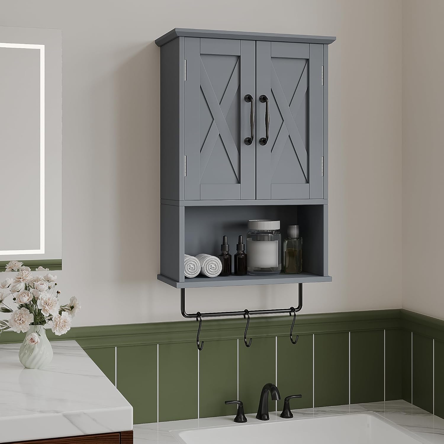 ChooChoo Farmhouse Medicine Cabinet, Bathroom Wall Cabinet with Adjustable Shelf, Towel Bar, 3 Hooks, Over The Toilet Storage Cabinet for Bathroom, Kitchen, Grey