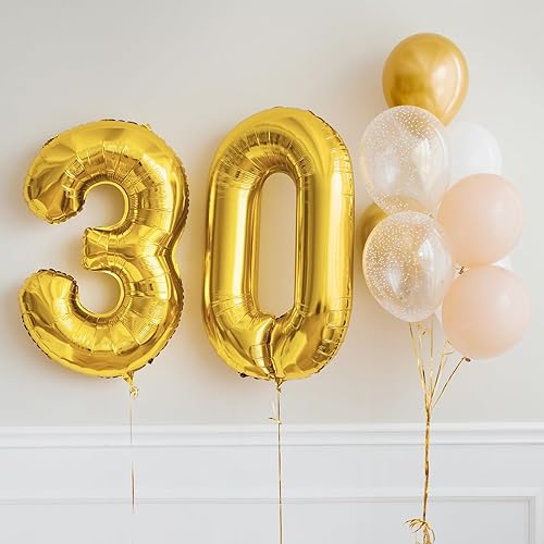 Miniatura 6 de RUBFAC Globos dorados de 42 pulgadas con el número 30, globos gigantes gigantes de Mylar para decoración de eventos de fiesta de cumpleaños de 30