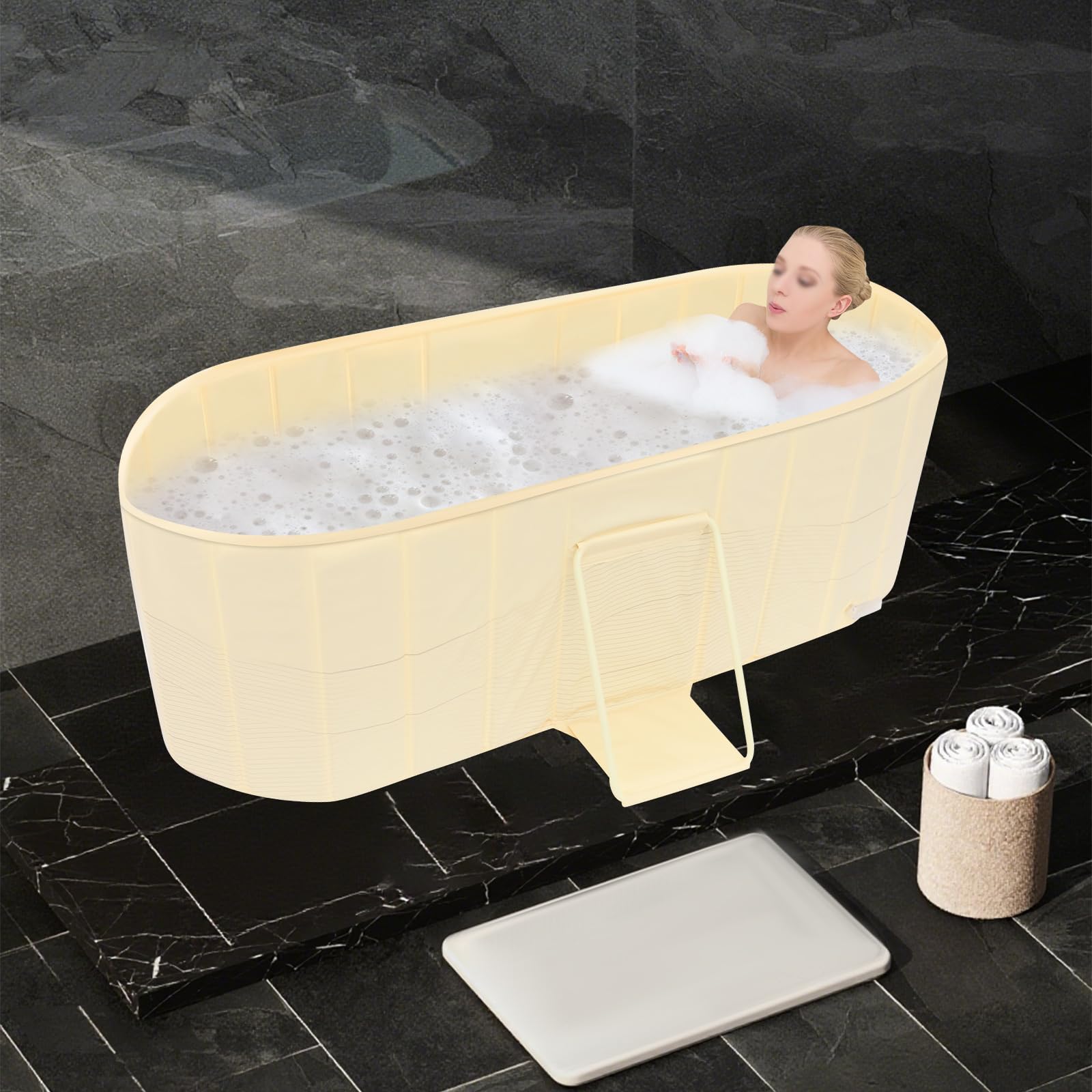 Vasca da bagno portatile pieghevole per adulti per casa, bagno di ghiaccio, sauna e doccia con vite di scarico e tubo, fino a 100 kg, fino a 175 cm, 150 x 55 x 50 cm (giallo)