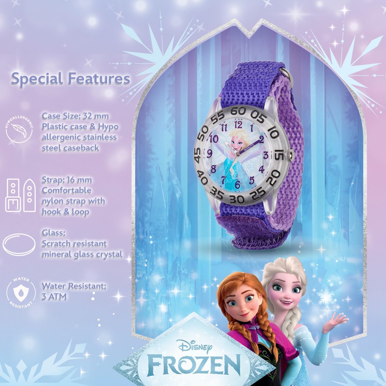 Disney Frozen 2-Pack Watch Set for Kids Ages 4–7 – Featuring Elsa Snow Queen Dial Designs – Clear Bezels with Blue and Purple Nylon Straps – GET 2 Mystery Bonus Watches - Image 5