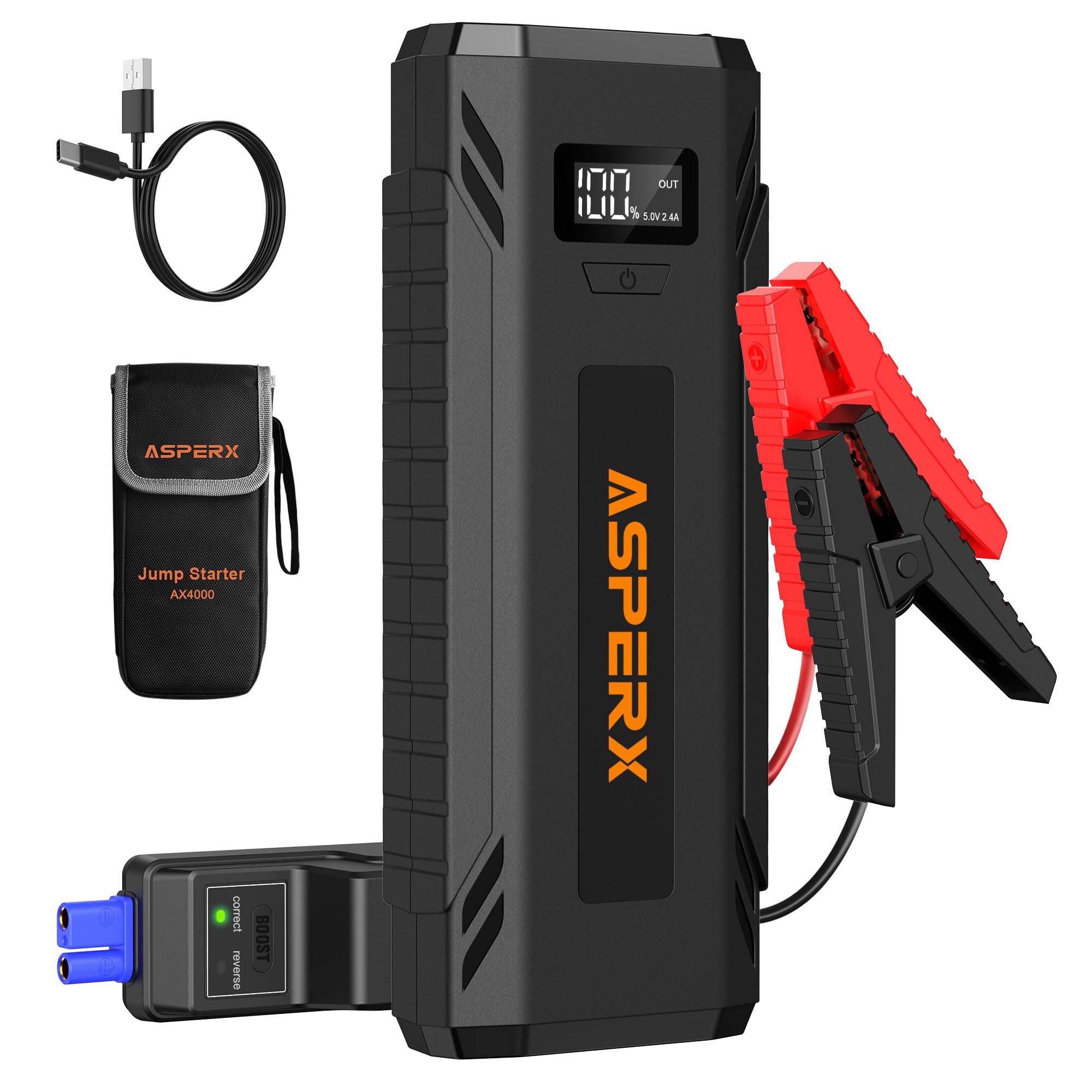 AsperX Car Jump Starter, 4000A Peak Battery Starter for All Gas or 10.0L Diesel Engines, 12V Battery Starter, Jump Box with USBA, Lithium Battery Booster with Built-in LED Light