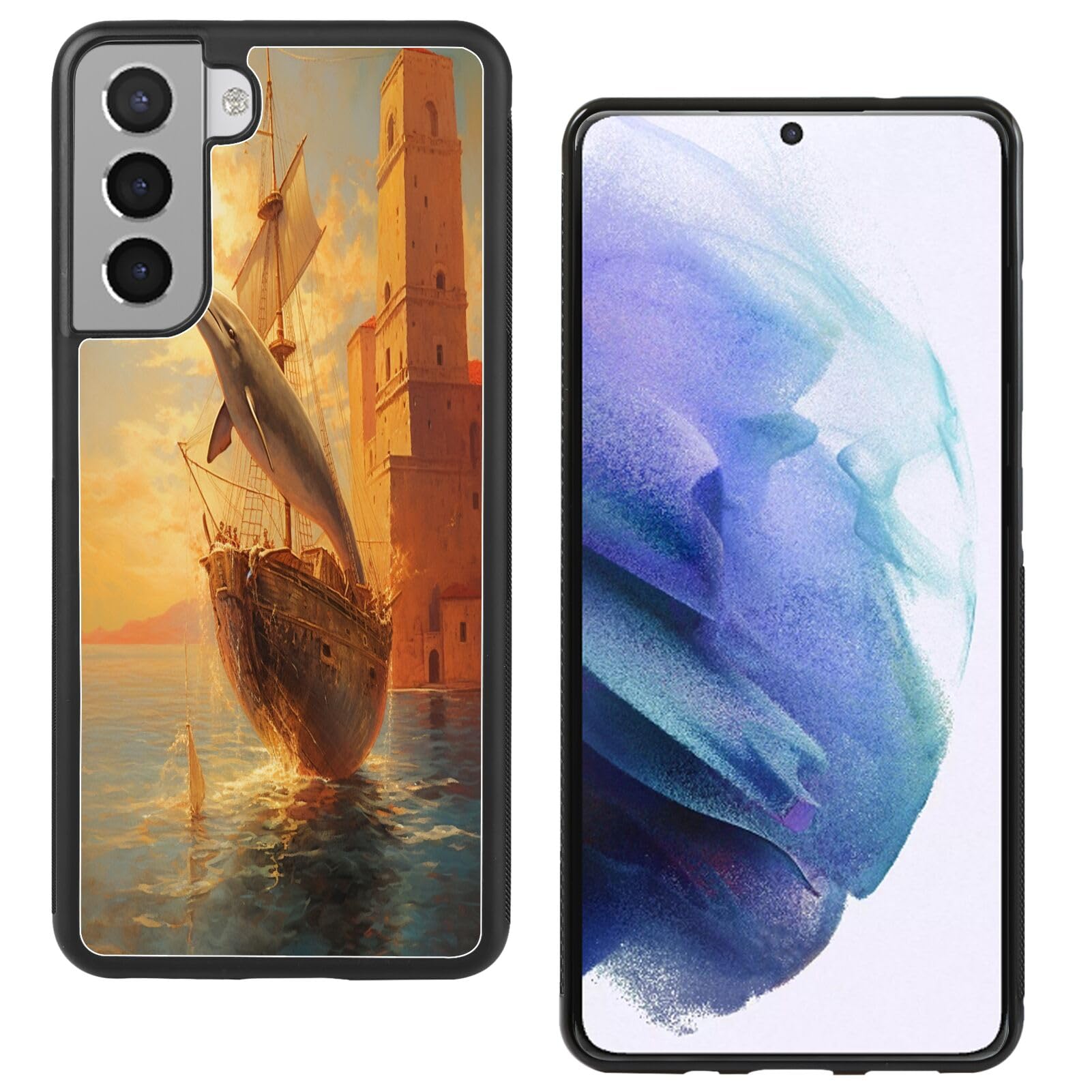 SANTUO Phone Case for Samsung Galaxy S21 with Dolphin-aa759 Style Black Textured Frame Shockproof TPU Anti-Slip Smartphone Protective Case