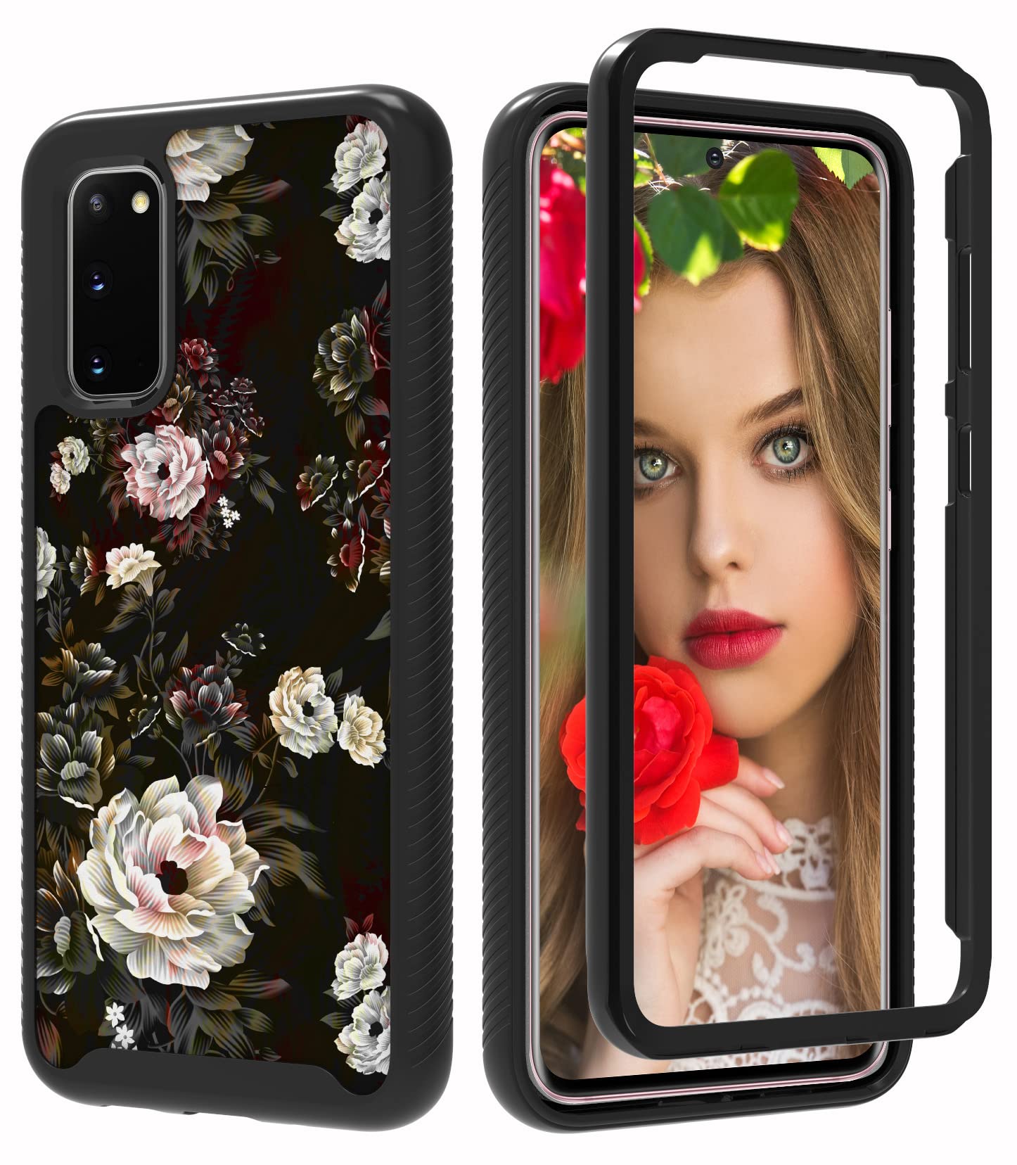 ShinyMaxSamsung Galaxy S20 Case with Roses Design, Galaxy S20 6.2" Phone Case,Heavy Duty Armored Anti-Slip Cover Cute Sturdy Anti-Scratch Shockproof Bumper Case for Women and Girls-Floral/Black