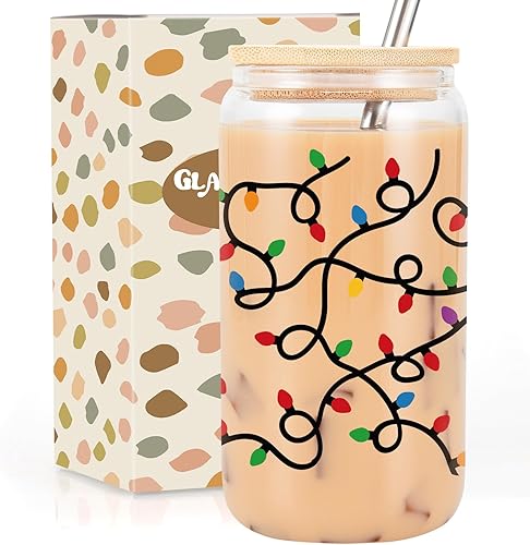 GSPY Taza de café helado con luces de Navidad, vasos de 16 onzas con tapas y pajitas, tazas de vidrio de Navidad, lindo vaso de Navidad, regalos de