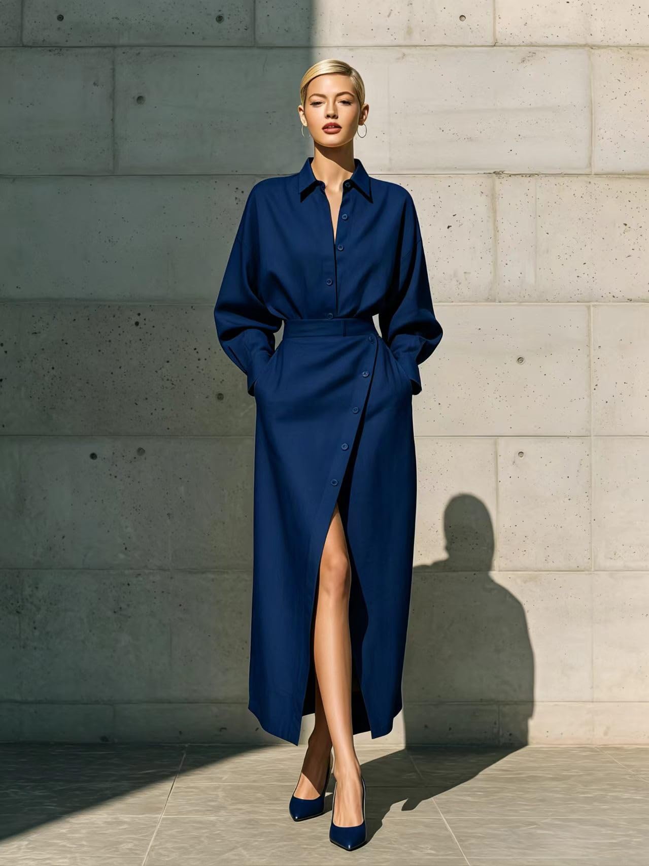 Completo da Donna a Due Pezzi: Camicia Maniche Lunghe con Bottoni E Gonna Midi Vita Alta con Spacco Laterale E Bottoni, Ideale per L'Ufficio E Il Lavoro, con Tasche.