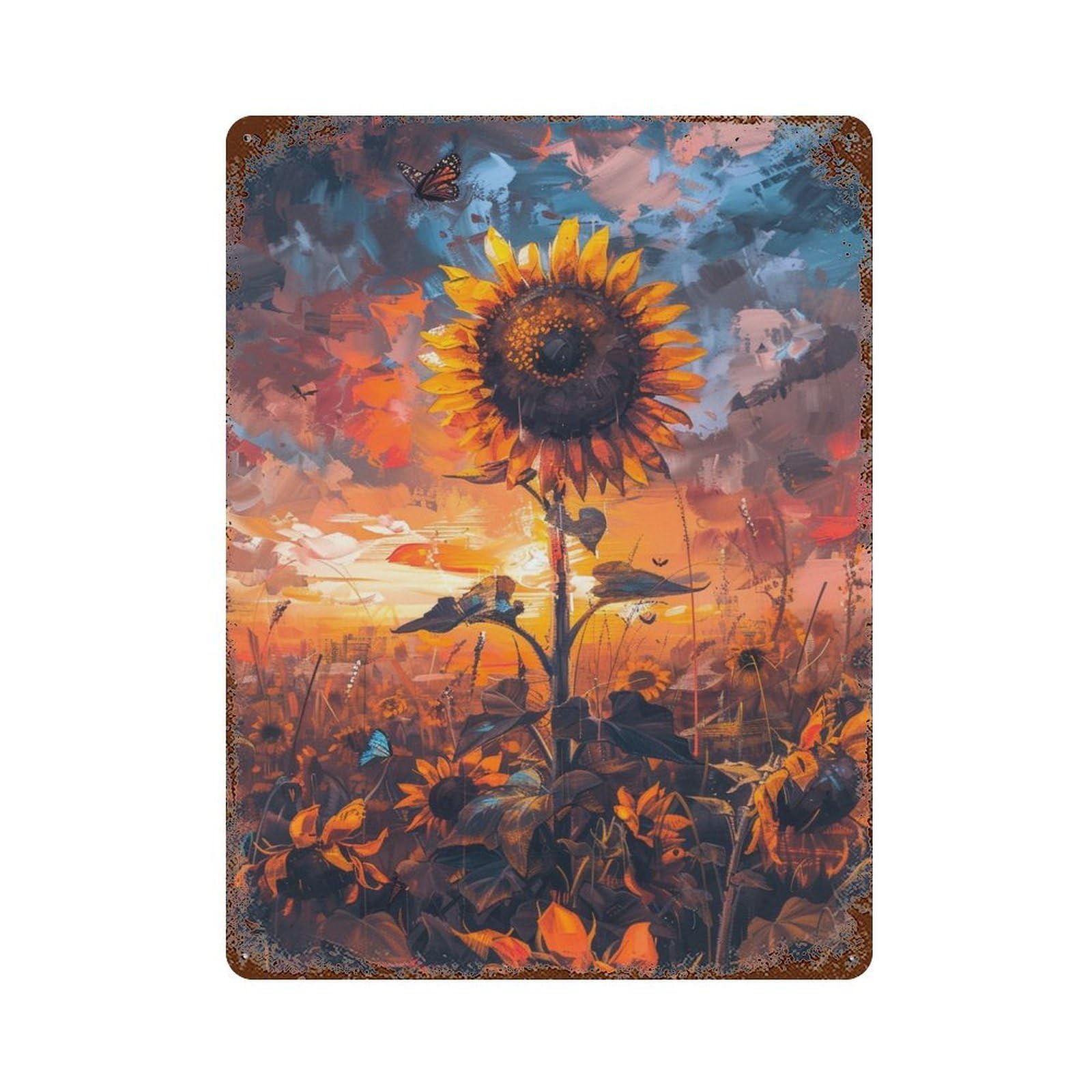 Rust Effect Sunflower Field Sunset-12 Rustic Tin Plaque 15.7"x11.8", Classic Wall Plaque for Shed, Workshop And Garage Wall Decor