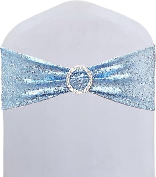 Elastic Sequin Chair Sashes with Buckle - Soft Stretch Sequin Material - Shining Chair Bows for Party Decoration - Home Light Blue, 10