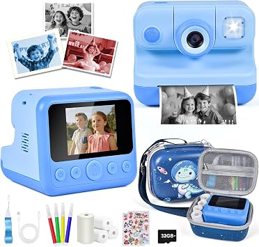 Kids Instant Print Camera, 30MP 1080P HD Digital Camera for Boys Girls with Color Pens & 32GB Card, Christmas Birthday Gifts Kids Toys for 3-12 Years Old Blue