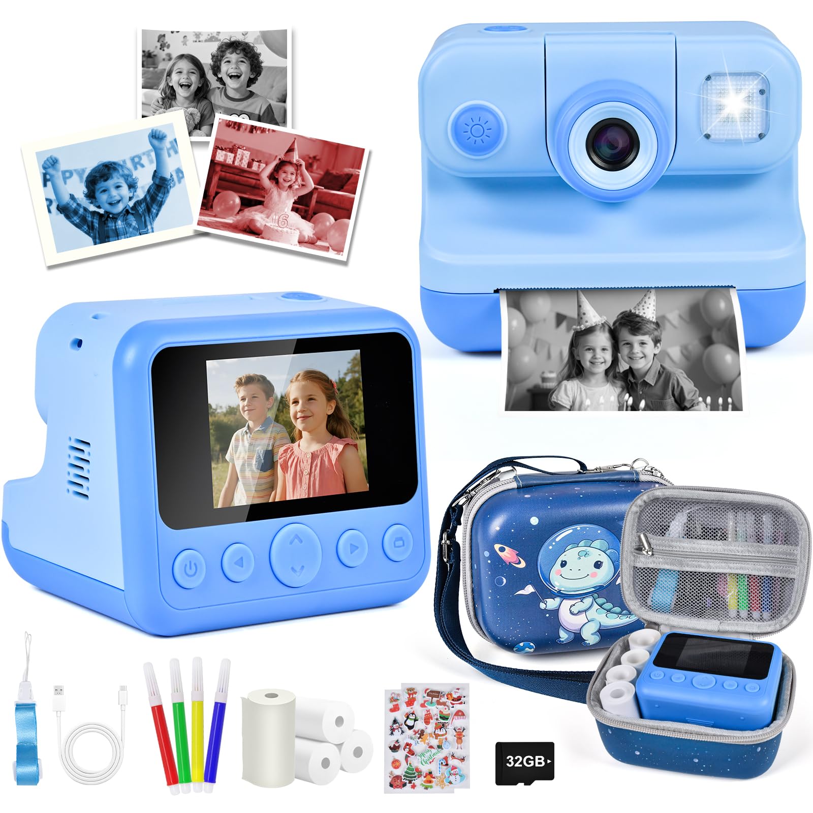 Kids Instant Print Camera, 30MP 1080P HD Digital Camera for Boys Girls with Color Pens &amp; 32GB Card, Christmas Birthday Gifts Kids Toys for 3-12 Years Old (Blue)