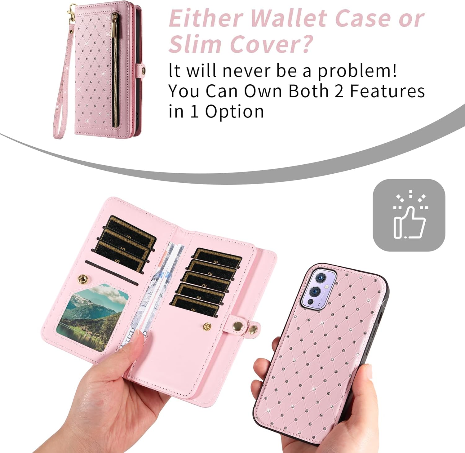 Phone Case for OnePlus 9 OnePlus9 5G Zipper Wallet Detachable Cell Cover with Screen Protector Crossbody Strap Bling Flip Credit Card Holder One Plus9 On 1 Plus 1plus One+ 1+ 1+9 Nine Women Pink