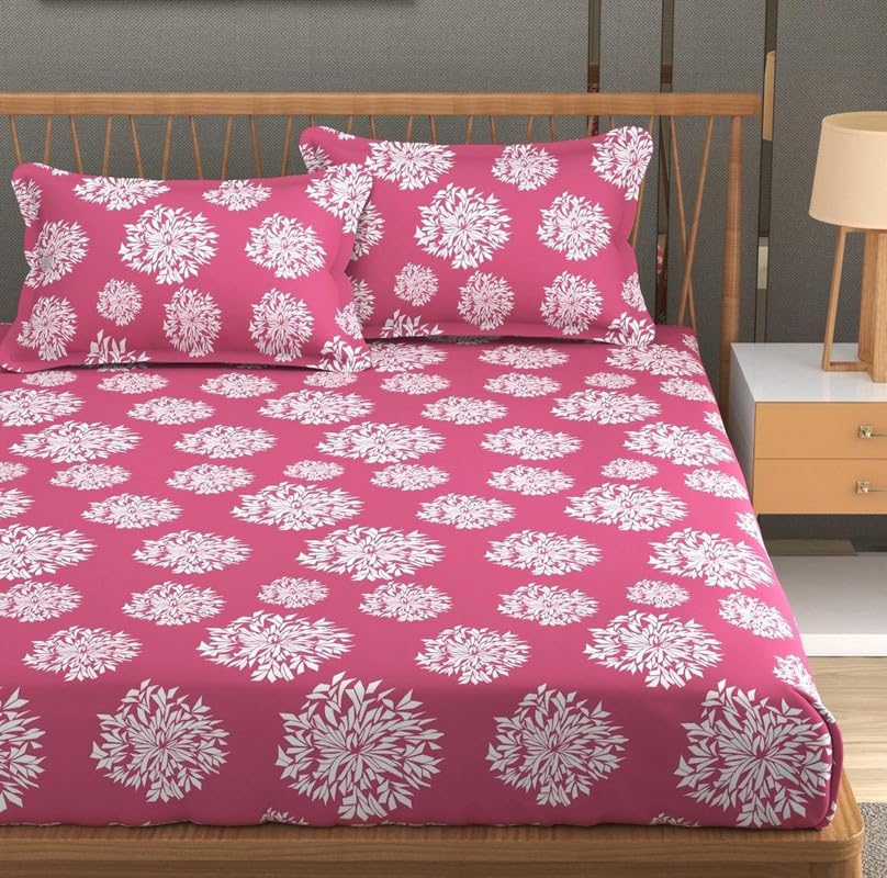 NEW TOWN Premium Cotton Feel Glace Cotton 210 Tc Elastic Fitted Bedsheets with 2 Pillow Covers Double Bed with Corner Elastic Supersoft Floral Pattren |Size-72X68+ 6 Inches SR 3239-picture-13