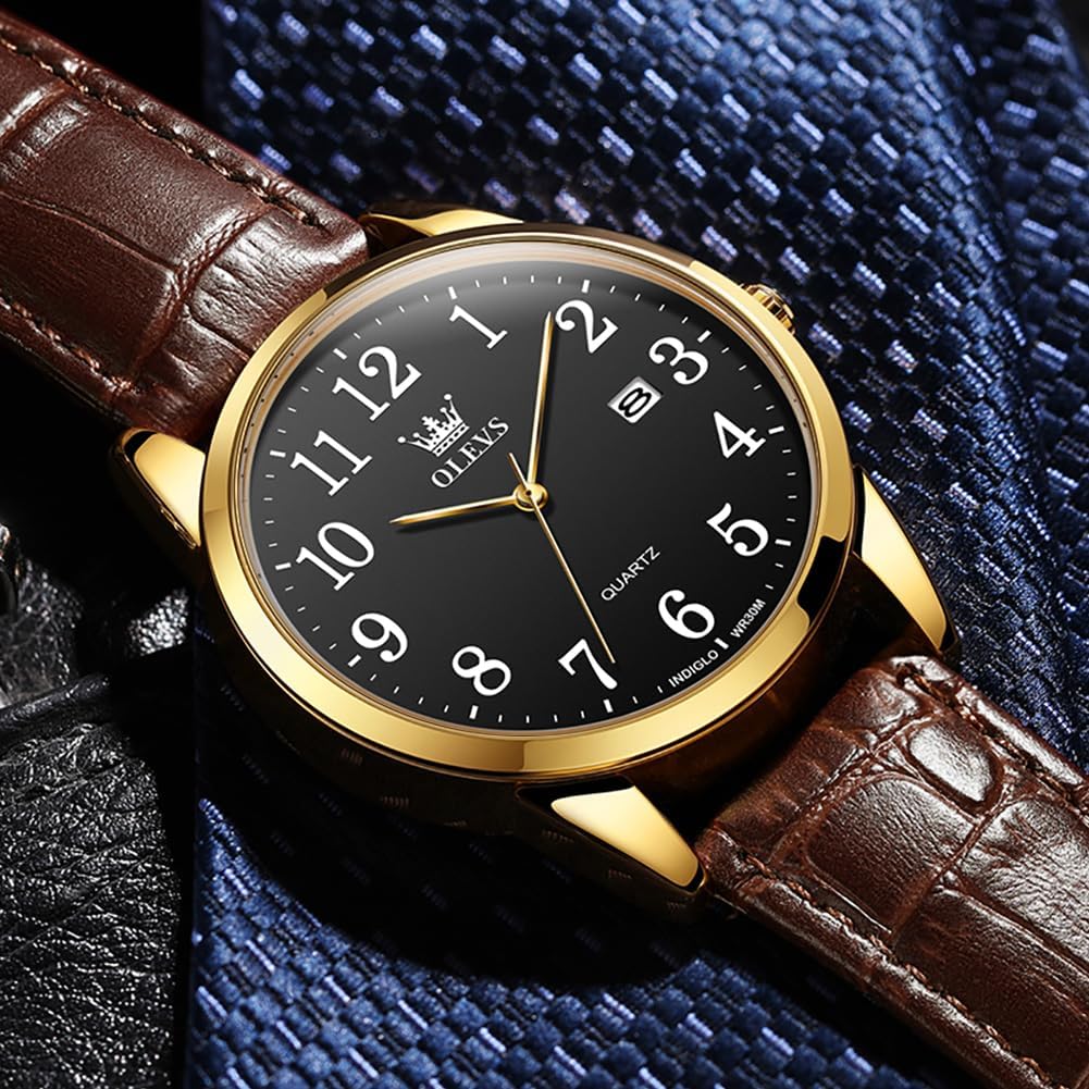 OLEVS Mens Watches Vintage Leather Band Dress Classic Easy Reader Arabic Numerals Analog Quartz Waterproof Date and Day Blue/Black/White Large Face Men's Wrist Watches - Image 7