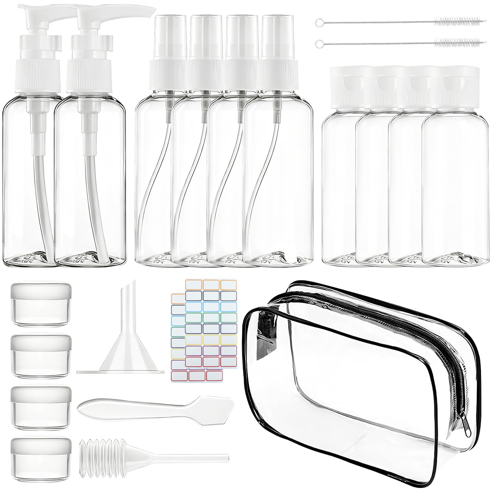 Set di 14 bottiglie da viaggio da riempire, 50 ml, vuote da viaggio, con sacchetto per bagagli a mano, piccolo imbuto, pennello, contenitore da 20 g, con 1 pennello adesivo contagocce