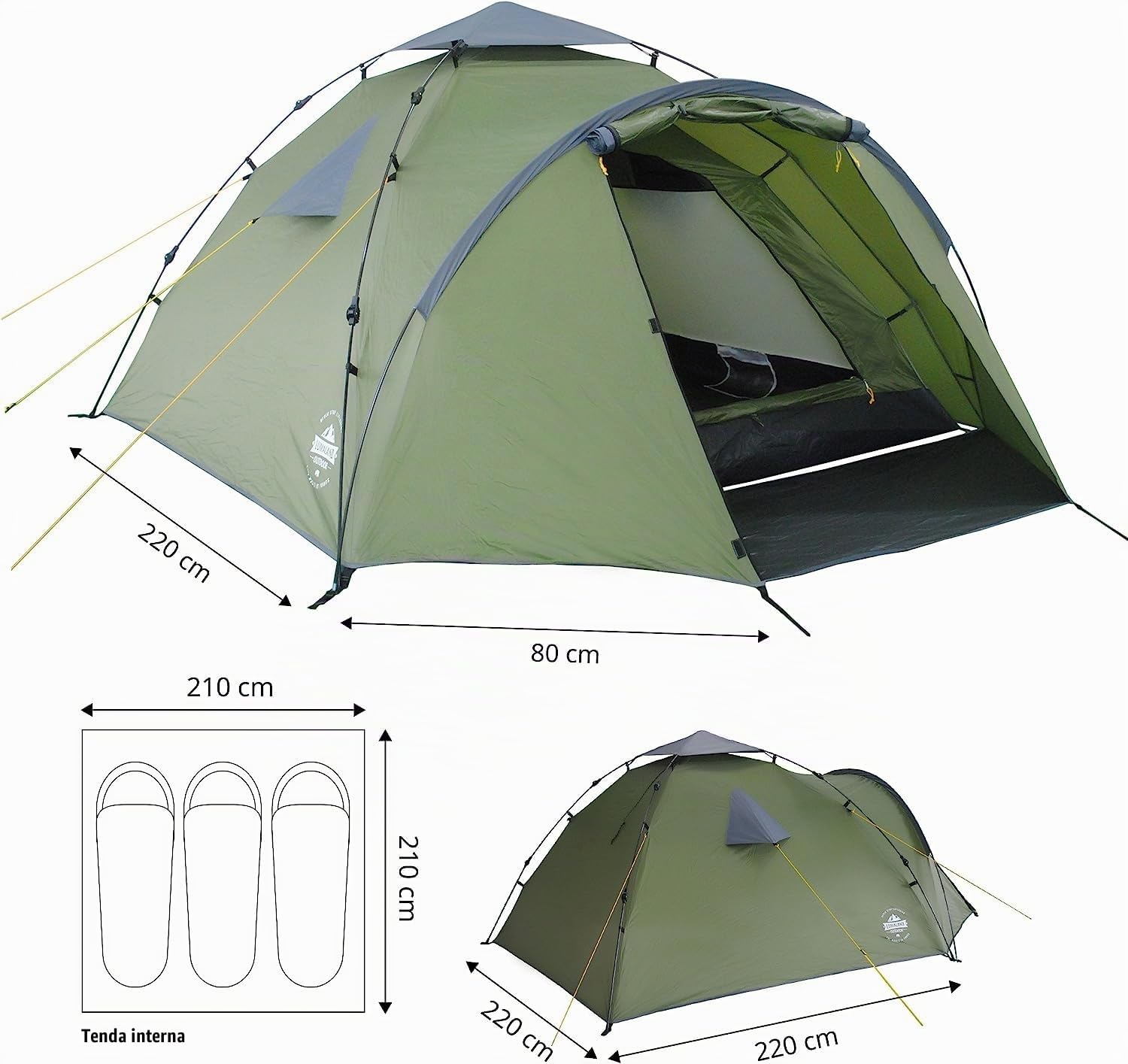 Lumaland Tenda Da Campeggio | 3-4 Person Family Tenda | Interne 210x210x120 cm | Impermeabile & antivento | Ideale come campeggio, festival e tenda da viaggio | Ultraleggero & robusto [Verde]