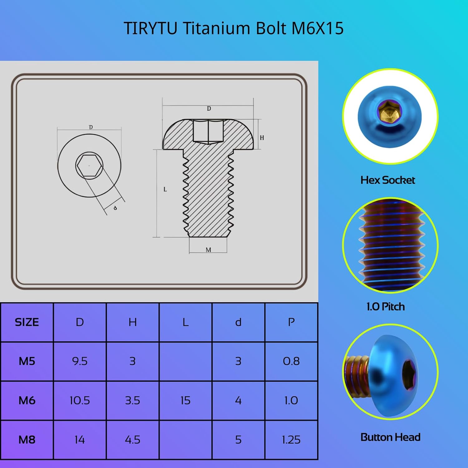 Titanium Bolts M6X15 Lightweight Design | Ideal for Humid/Salty Environments Screws for Bicycles, Motorcycles, MTB (10PCS, Burnt Blue)