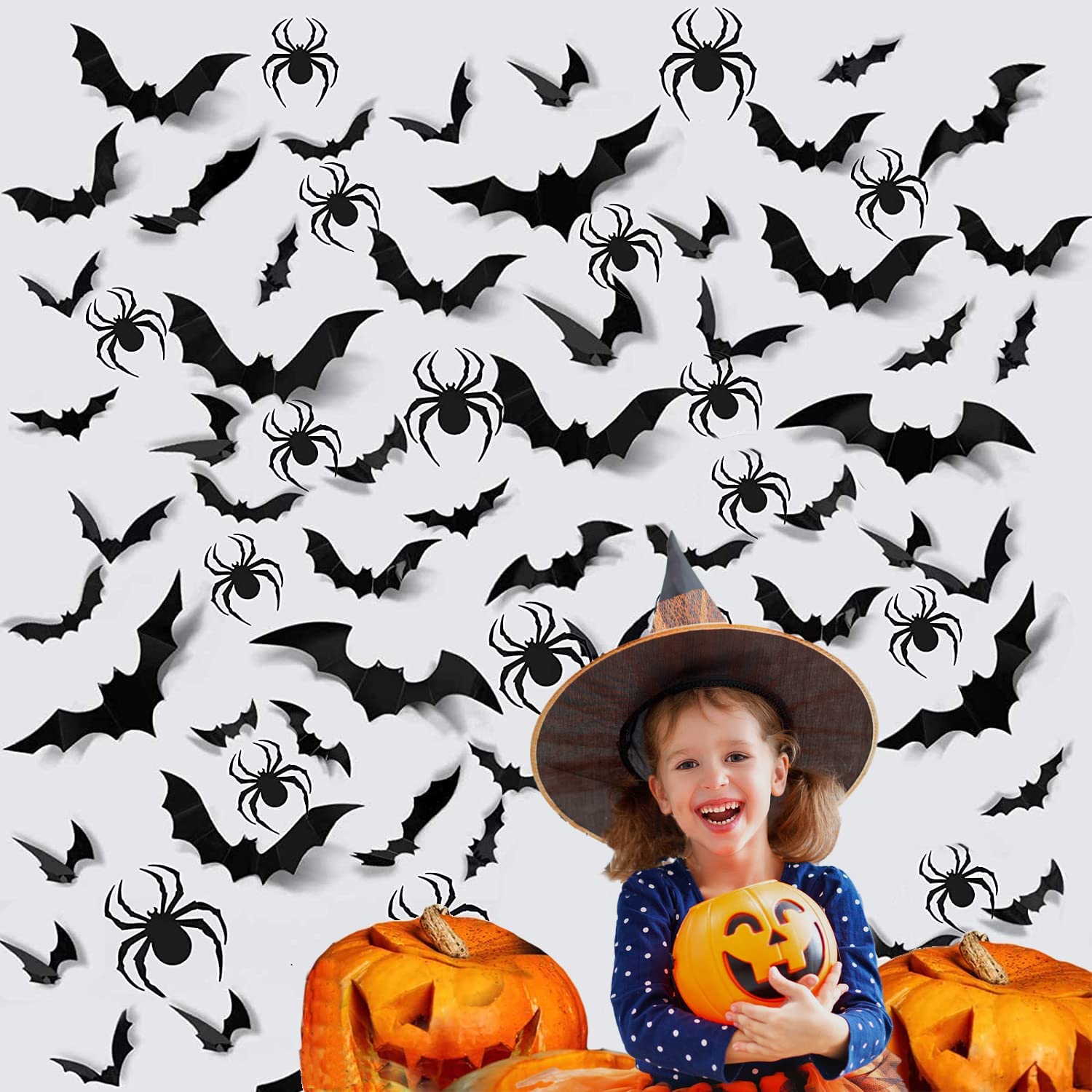 IIEPECA 68Pcs Halloween Bats Wall Decor Halloween Bats Spider Stickers Wall Decals Realistic 3D Scary Bats Decoration for Indoor Home Wall Bathroom Halloween Party Supplies