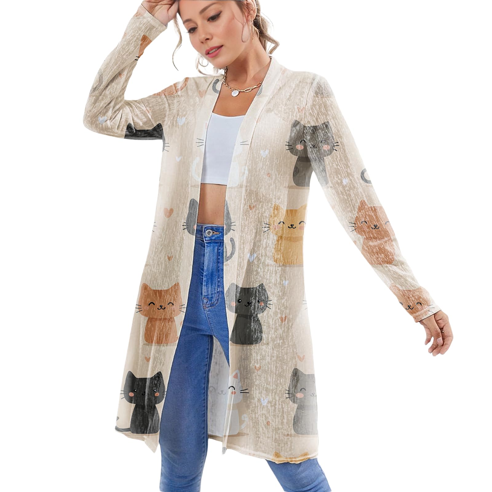 Fashion Womens Cardigan Lightweight Comfy Breathable Mid-Length Long Sleeve Cardigan Vacation Casual Beachwear