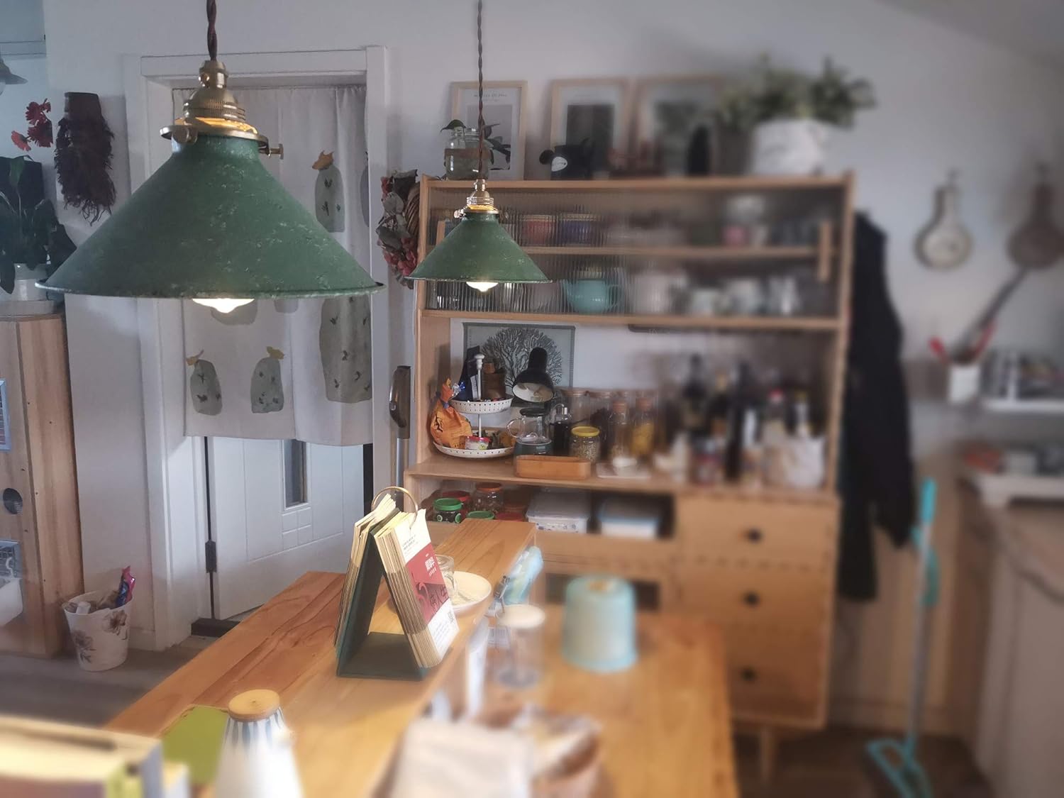 3-Lights Dimmable H-Type Track Lighting Pendants Antique Finished Lamp Shade, 3.2 ft Cord Brass Finished E12 Socket Green Rustic Cottage Style for Kitchen Living Room Customizable