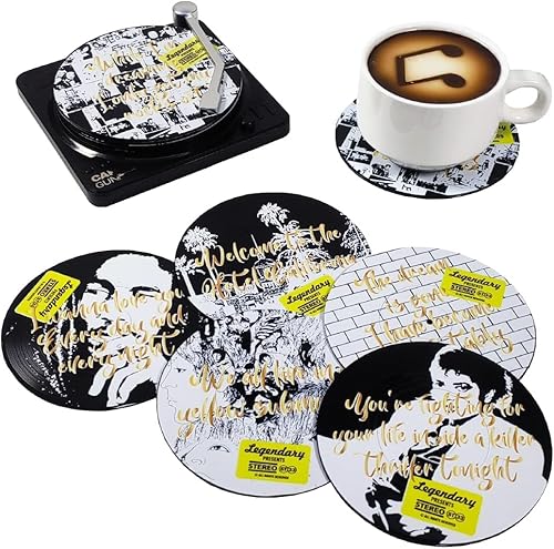 Divertidos posavasos retro de discos de vinilo para bebidas con soporte para reproductor de discos de vinilo para amantes de la música con caja de