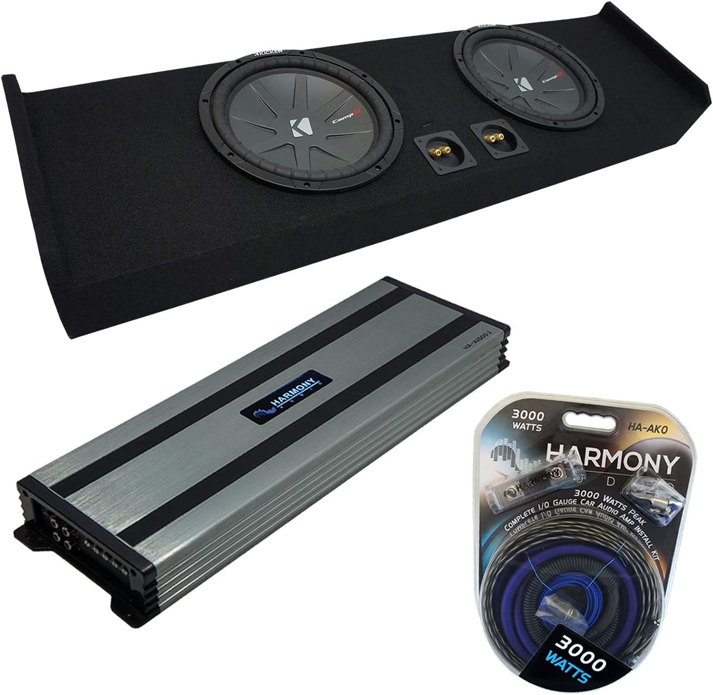 Harmony Audio HA-A1500.1 Compatible with Ford F-150 Super Crew Truck 09-20 3000W Sub Amp, 48CWR122 12" 2-Ohm Dual 500W 1000W Sub and FORD2X12-150-CREW-09 Sub Box