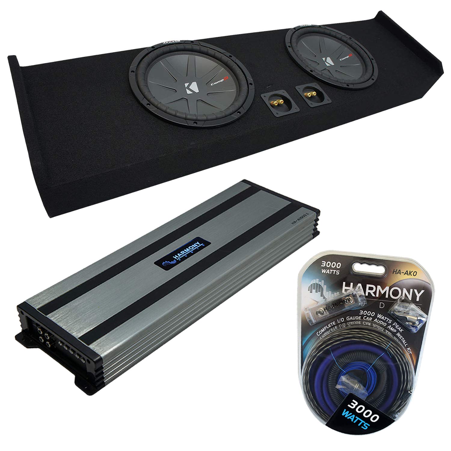 Harmony Audio HA-A1500.1 Compatible with Ford F-150 Super Crew Truck 09-20 3000W Sub Amp, 48CWR122 12" 2-Ohm Dual 500W 1000W Sub and FORD2X12-150-CREW-09 Sub Box