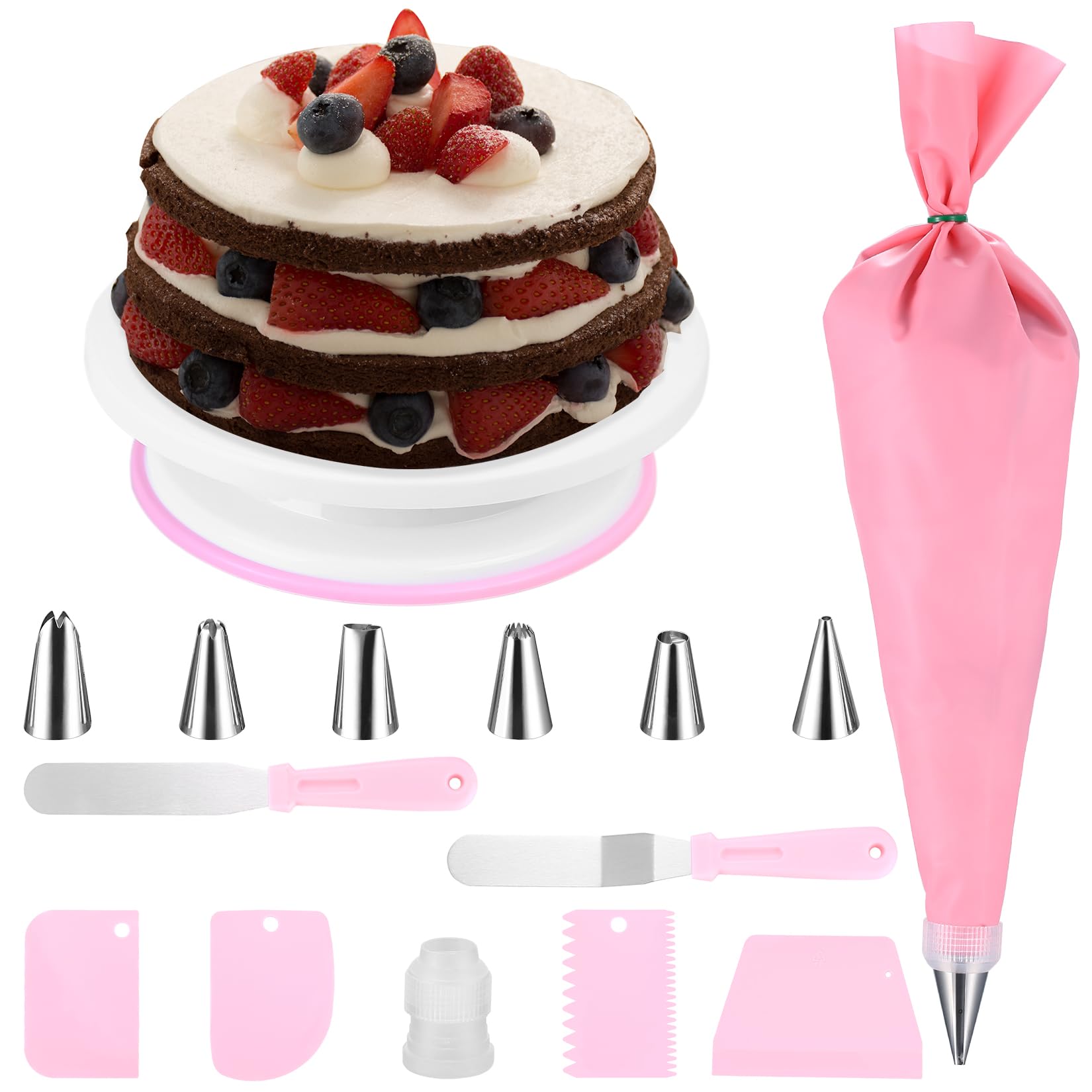 14 Pcs Cake Decorating Kit, Rotating Cake Turntable and Decorating Set, with Cake Tools Icing Piping Kit, Cake Piping Bags and Piping Tips Supplies, Cake Scraper, Cake Baking Accessories Baking Kit