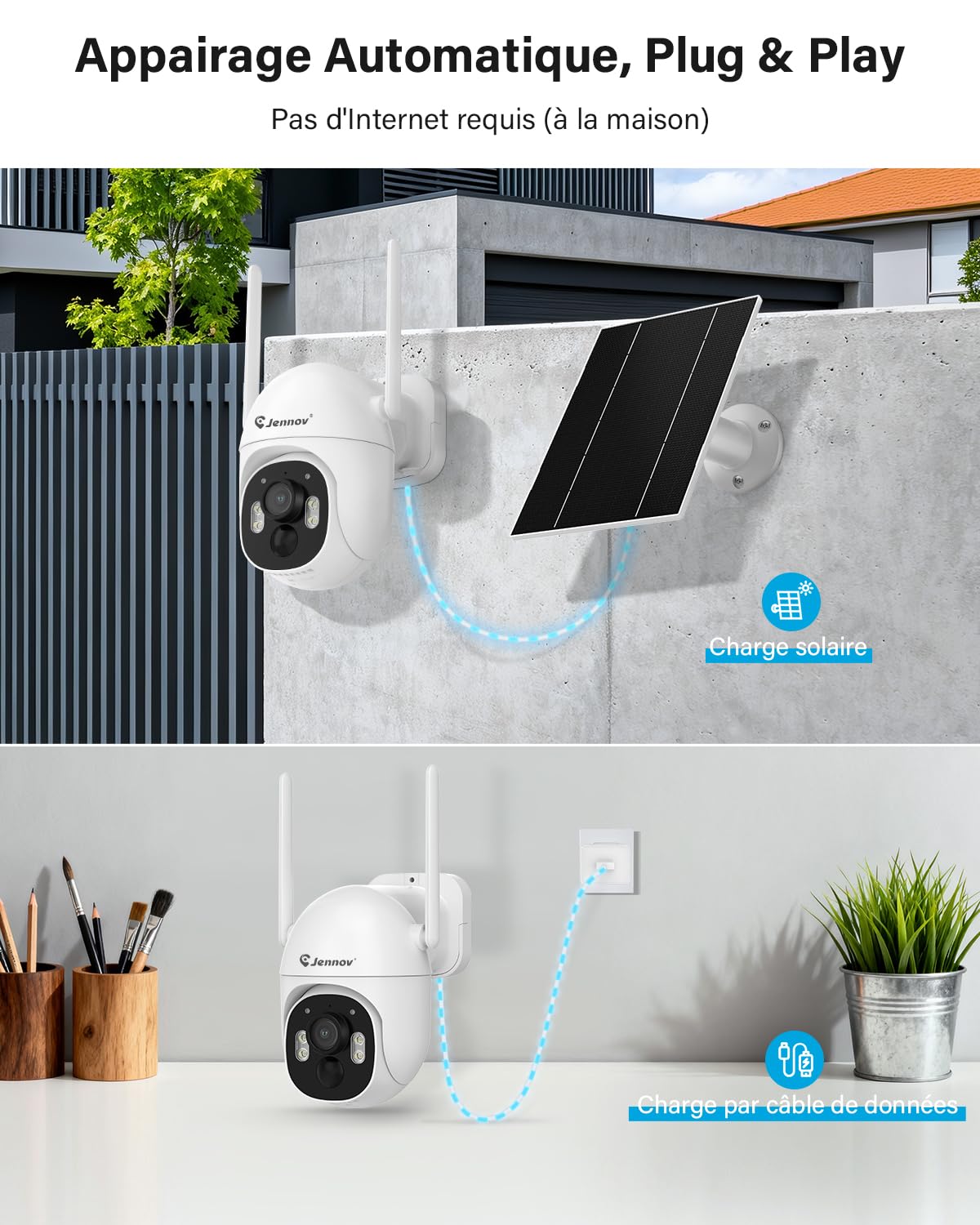 Jennov Kit Camera Surveillance Exterieure sans Fil Solaire mit Moniteur, 5MP 10CH 10" Pouces NVR Écran Tactile, 5MP Caméra avec 360° Pan & Tilt, Vision Nocturne Couleur, PIR Détection, Sans Abonnement