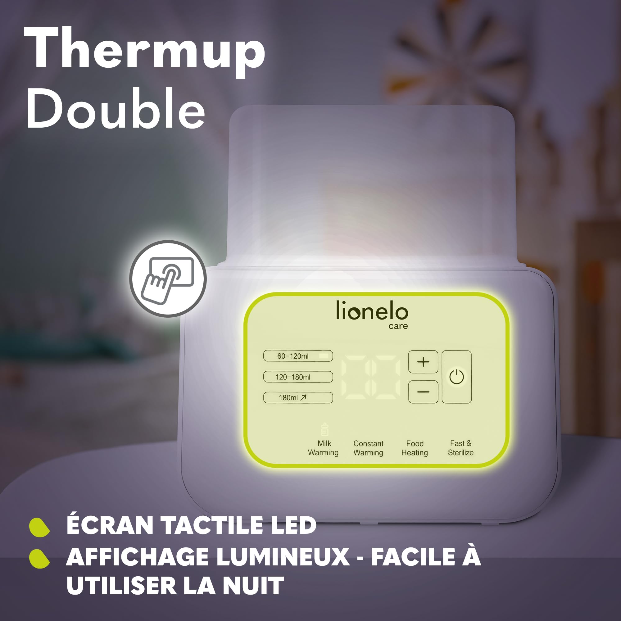 Lionelo Thermup Double Chauffe-Biberon 6 en 1, Chauffage Rapide dès 3 min | 2 biberons à la fois, stérilise, décongèle, garde au chaud 24 h, jusqu’à 100 °C, écran tactile lumineux, silencieux, Blanc