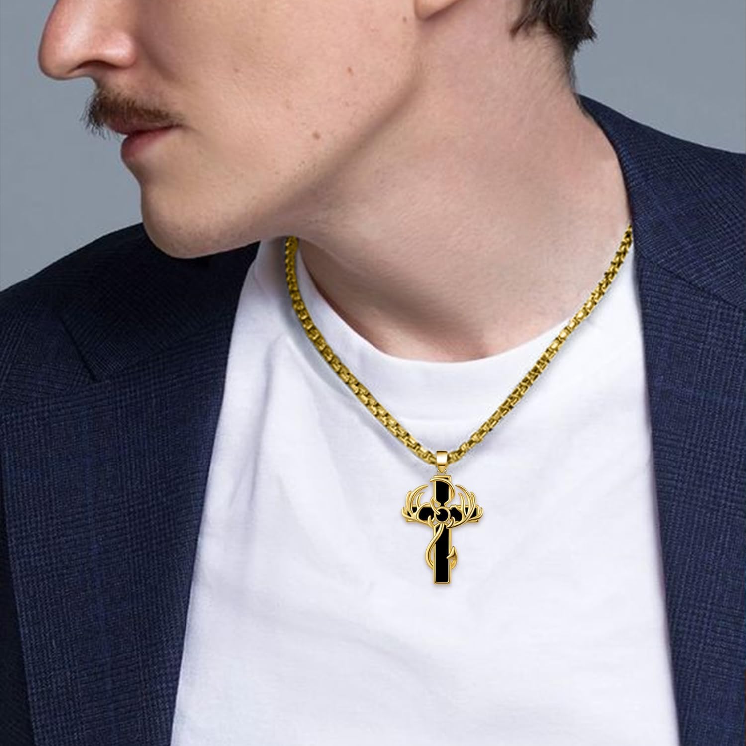 Gold Cross Necklace for Men 925 Sterling Silver Fish Hook Antler Cross Necklace Christian Jewelry Gifts for Men - Image 5