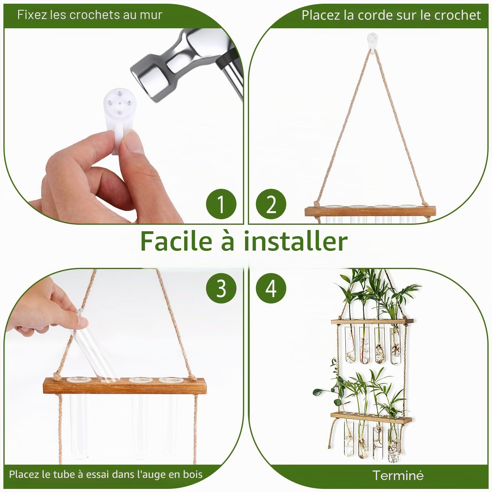 Vase Mural en Verre 2 Étage, 8PCS Vase Tube à Essai, Pot de Fleur avec Support en Bois, 42x20cm