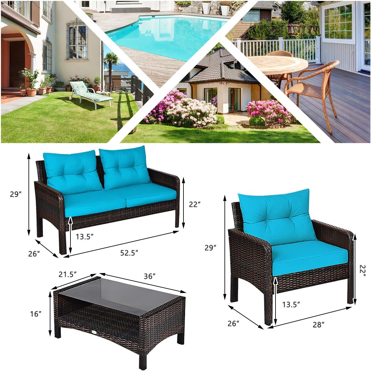 HAPPYGRILL 4-Piece Patio Furniture Set Outdoor Rattan Wicker Conversation Set with Coffee Table, Sectional Sofa Bistro Set with Cushions for Garden Poolside Backyard