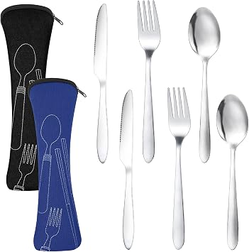 Dacitiery 2 Set Camping Cutlery, Stainless Steel Cutlery Set with Bag, 6 piece Camping Set with Knife, Fork, Spoon,Portable Utensils for Outdoor Travel Picnic Office School Lunch Box