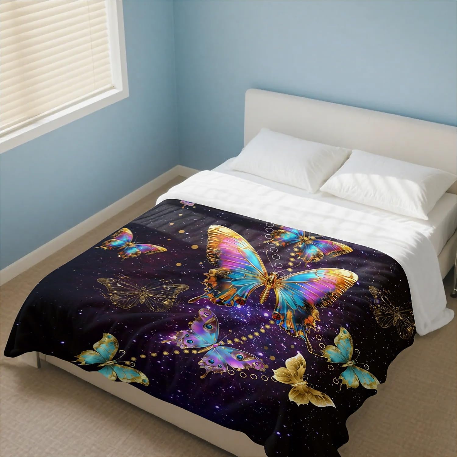 Galaxy Golden Butterfly Blanket Fleece Throw for Bed Couch Sofa Travel and Camping, Super Soft Cozy Fluffy Plush Blanket for All Seasons 60"x80"