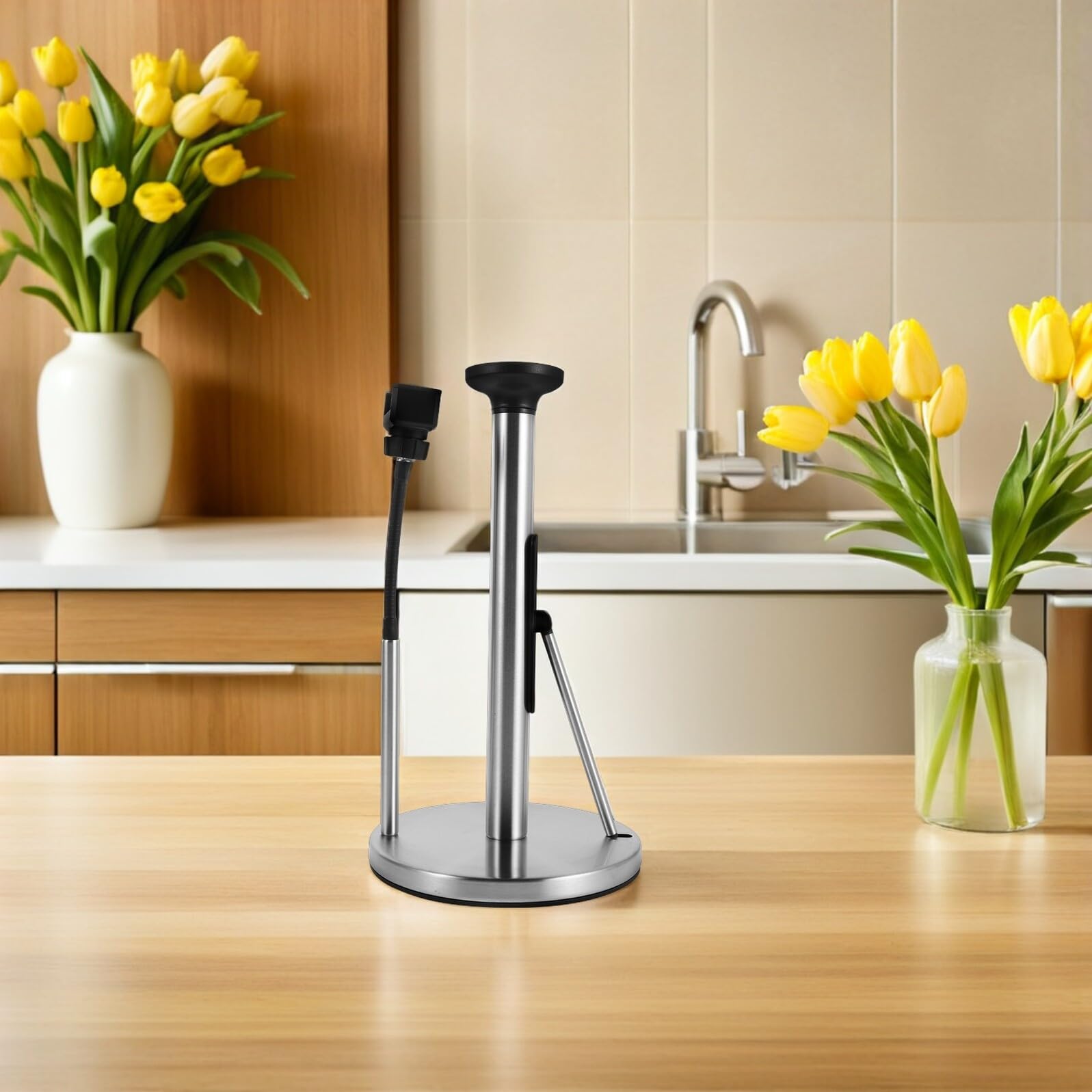 Amosfun Portarrollos de Papel de Cocina Vertical de Metal Cepillado con Soporte para Teléfono, Servilletero Moderno Independiente para Encimera, Organizador Multifuncional para Comedor y