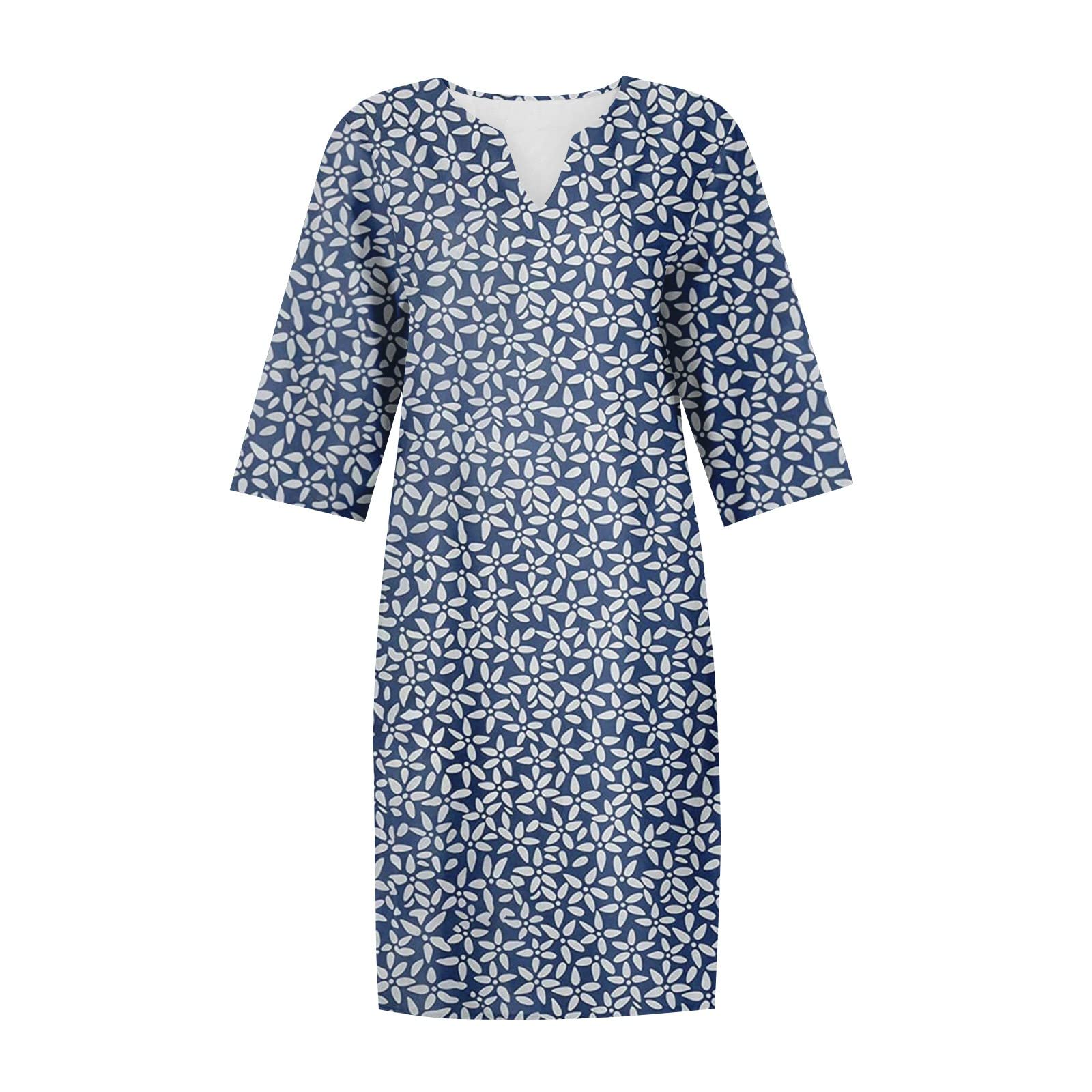 Sommerkleid Damen Leicht Knielang A Linien Kleid Damen Sommer Elegant Baumwolle Leinen Kleider Frauen mit Ärmel Blumen Leinenkleider V Ausschnitt Damenkleider Halbarm Locker Blumenkleid