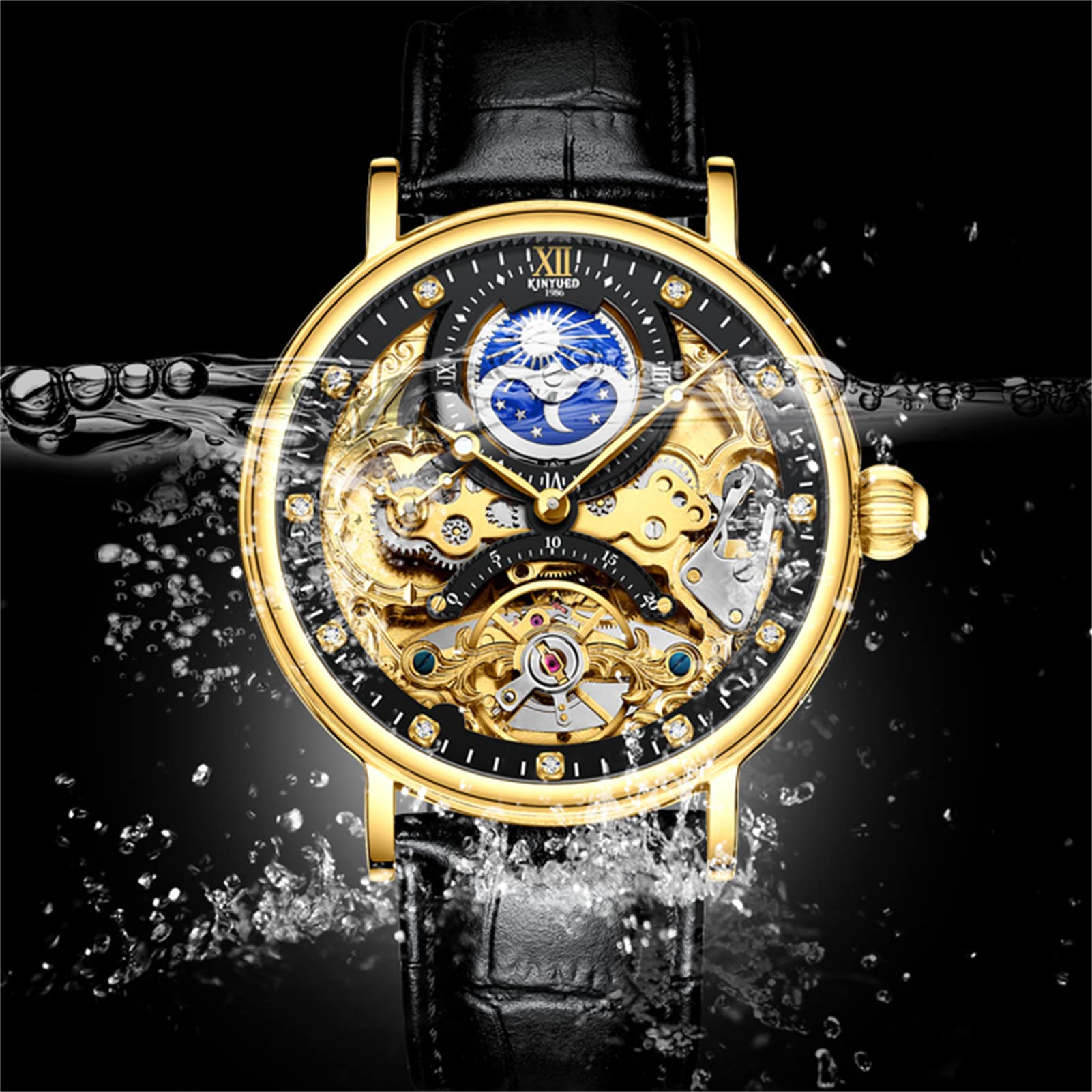 FORSINING Tourbillon Herren-Armbanduhr, Mondphase, automatische Armbanduhr, modisch, Business, Luxus-Skelett, Herren-Armbanduhr, Dual-Zeit-Selbstaufzug, Lederband, Allgold Black, Riemen