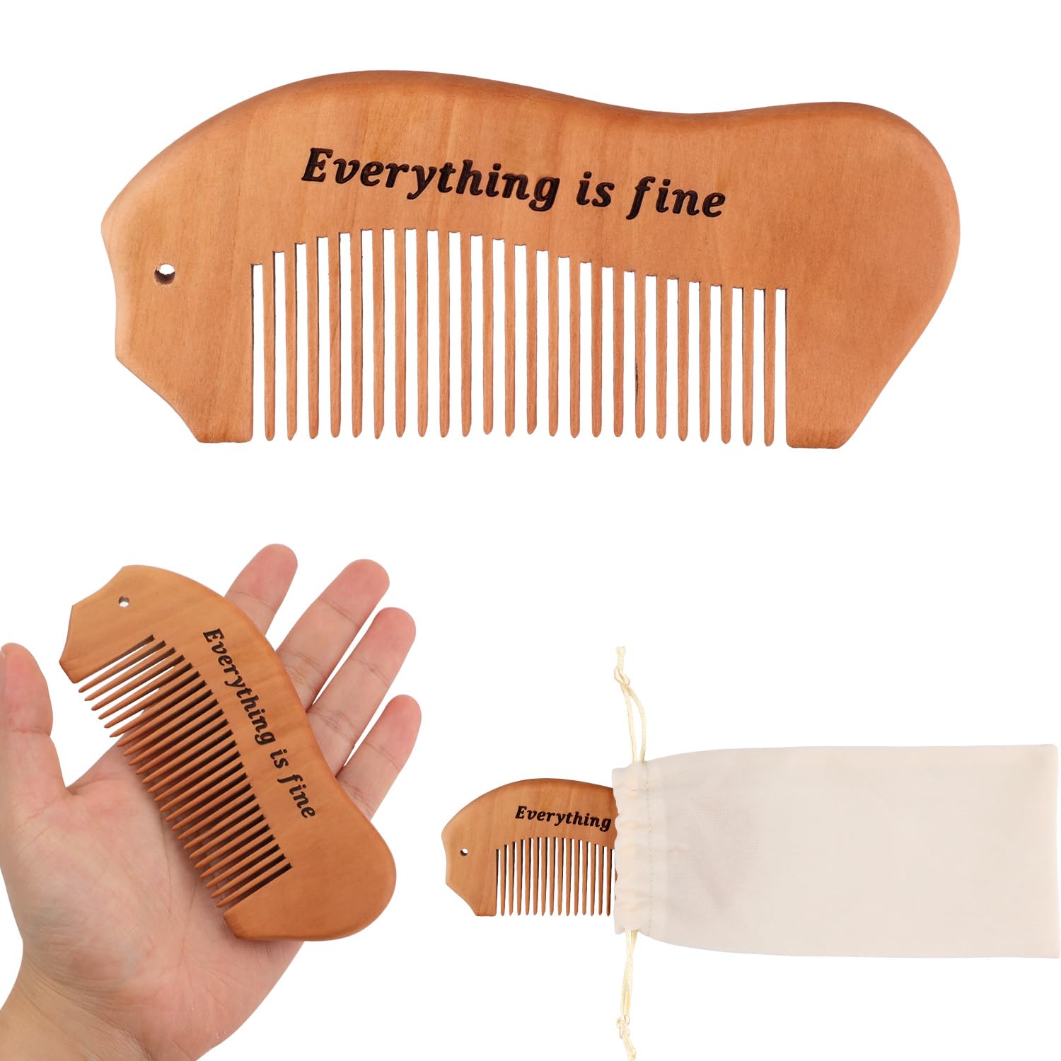 PEUTIER Wooden Birth Comb, Engraved 'Everything is Fine' Hair Comb, Pregnant Women Gift, Medium Size, Wood Colour, Peach Wood, 2 Count, Women's Department