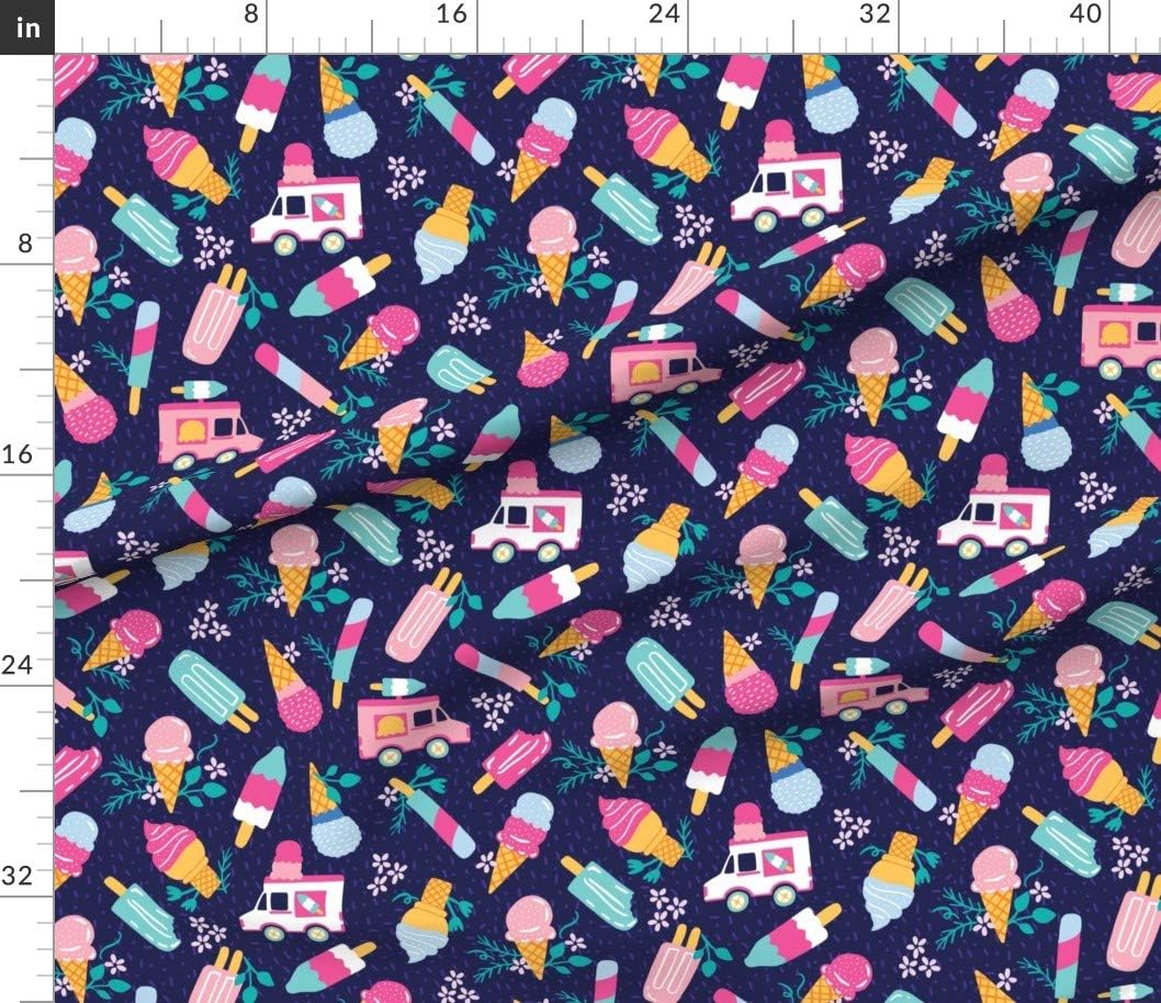 Spoonflower Fabric - Ice Cream Truck Floral Pink Teal Navy Fun Kids Printed on Petal Signature Cotton Fabric by The Yard - Sewing Quilting Apparel Crafts Decor