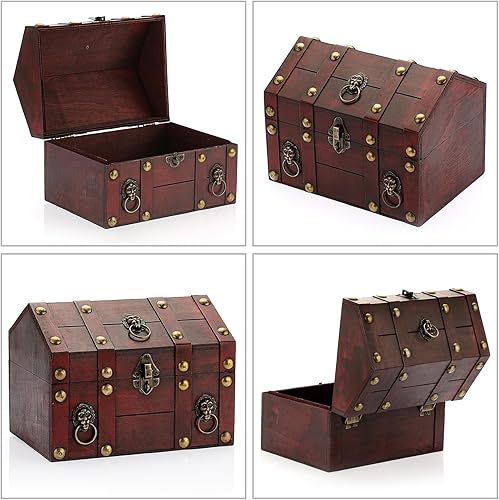 Miniatura 7 de ELLDOO Cofre del tesoro vintage, caja de recuerdos de pirata para regalos de niños, fiesta temática pirata, caja de almacenamiento de tesoros de