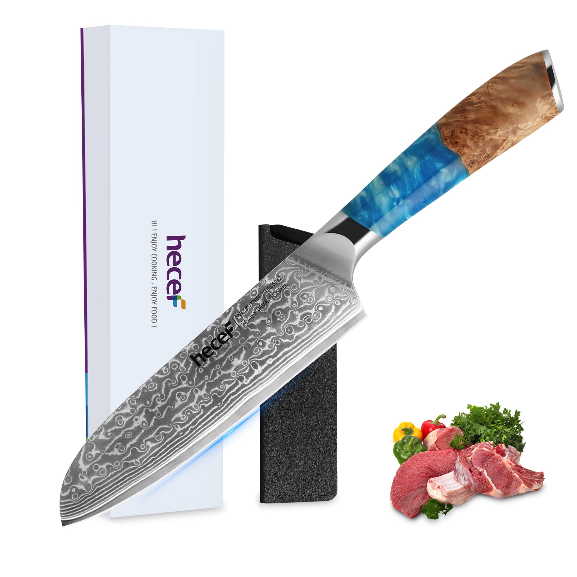 Couteau Santoku avec étui cadeau premium hecef en acier Damas VG10