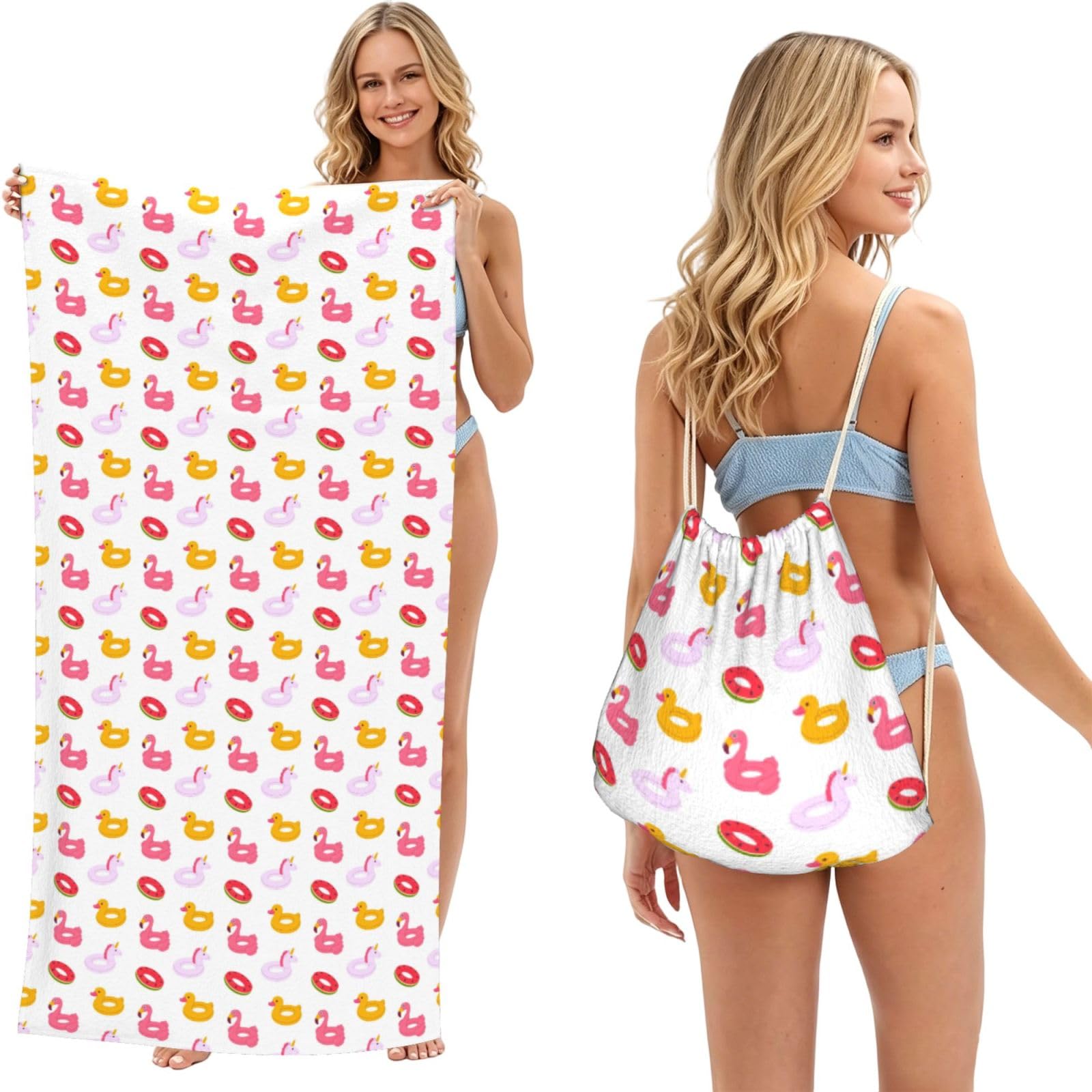 Noble Ren Flamingo Pattern 2 In 1 Packable Towel Bag Beach Backpack Unisex Suitable For Travel Picnic Vacation And Camping