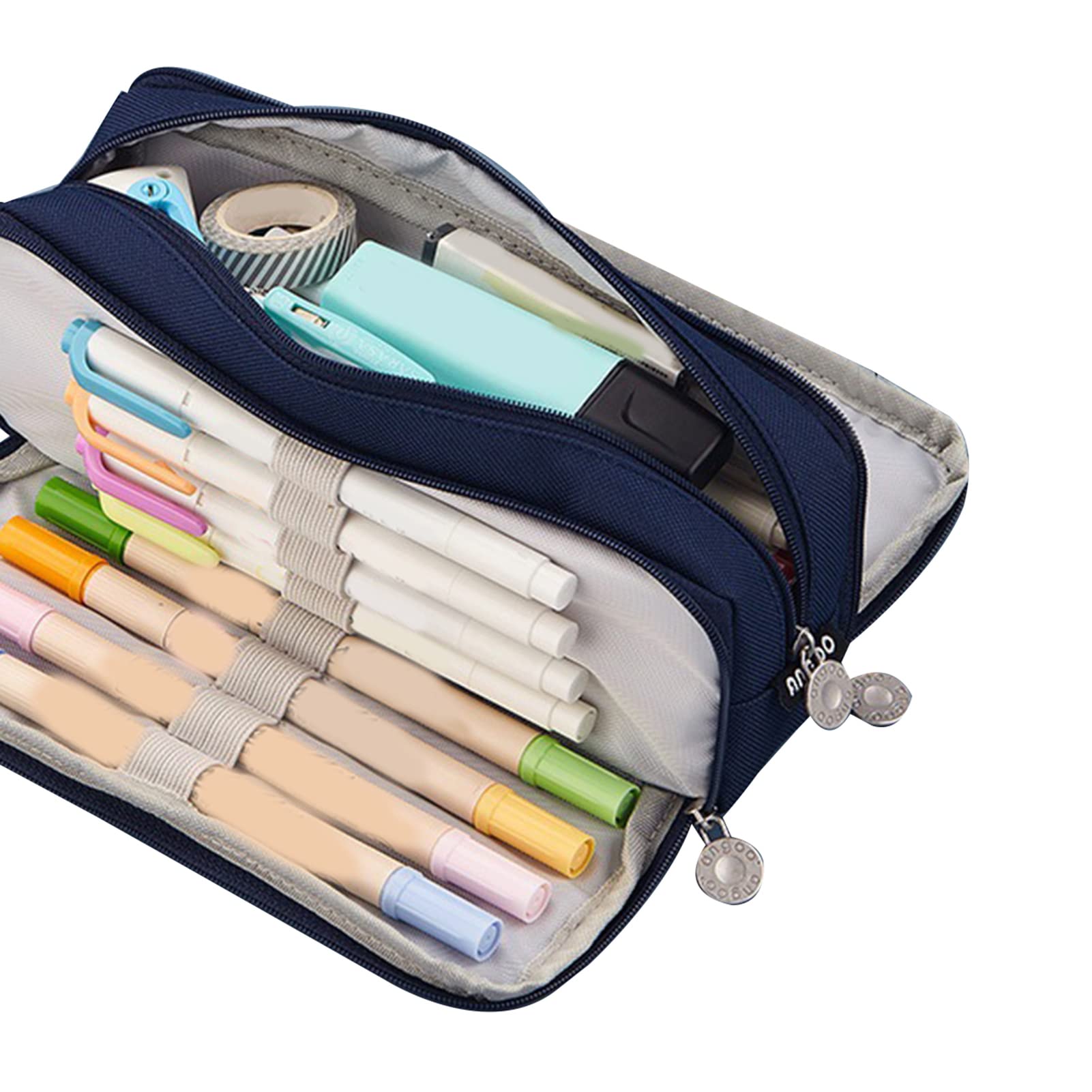 SIXRUN Astuccio per Matite di Grande capacità, Astuccio in Tela con Cerniera con 3 Scomparti, per Penne Portatile con Doppia Apertura 21,5 X 9 X 7 Cm per Studenti e Uso in Ufficio (blu navy)