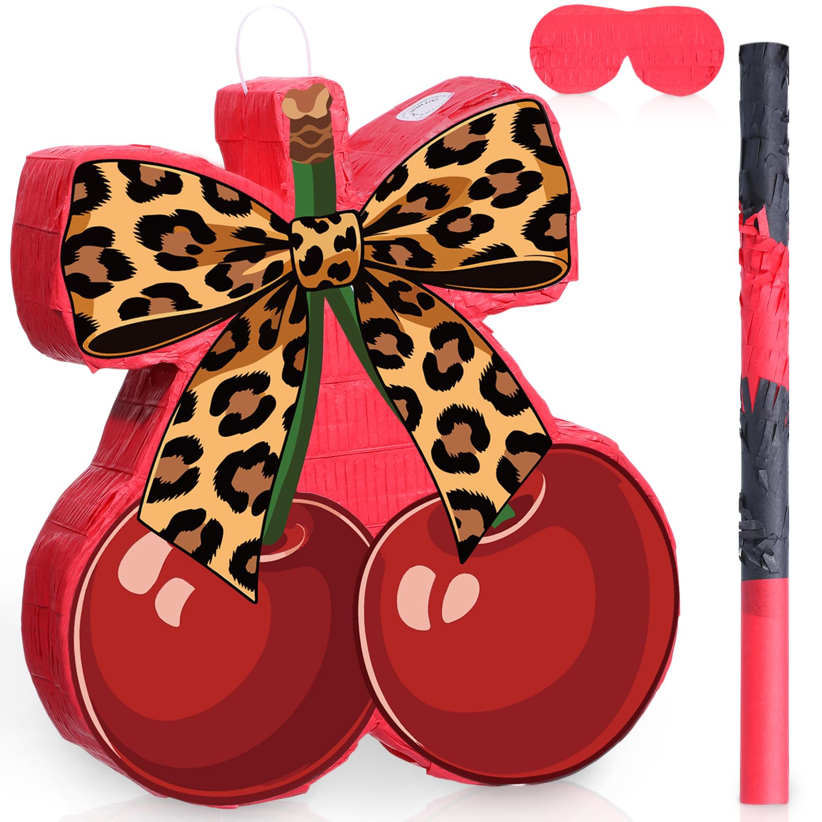 VioraWhite Juego de piñata con estampado de leopardo y cereza, juego de piñata con palo de golpear los ojos vendados, estampado de guepardo, rojo y negro, decoración temática de fiesta para despedida