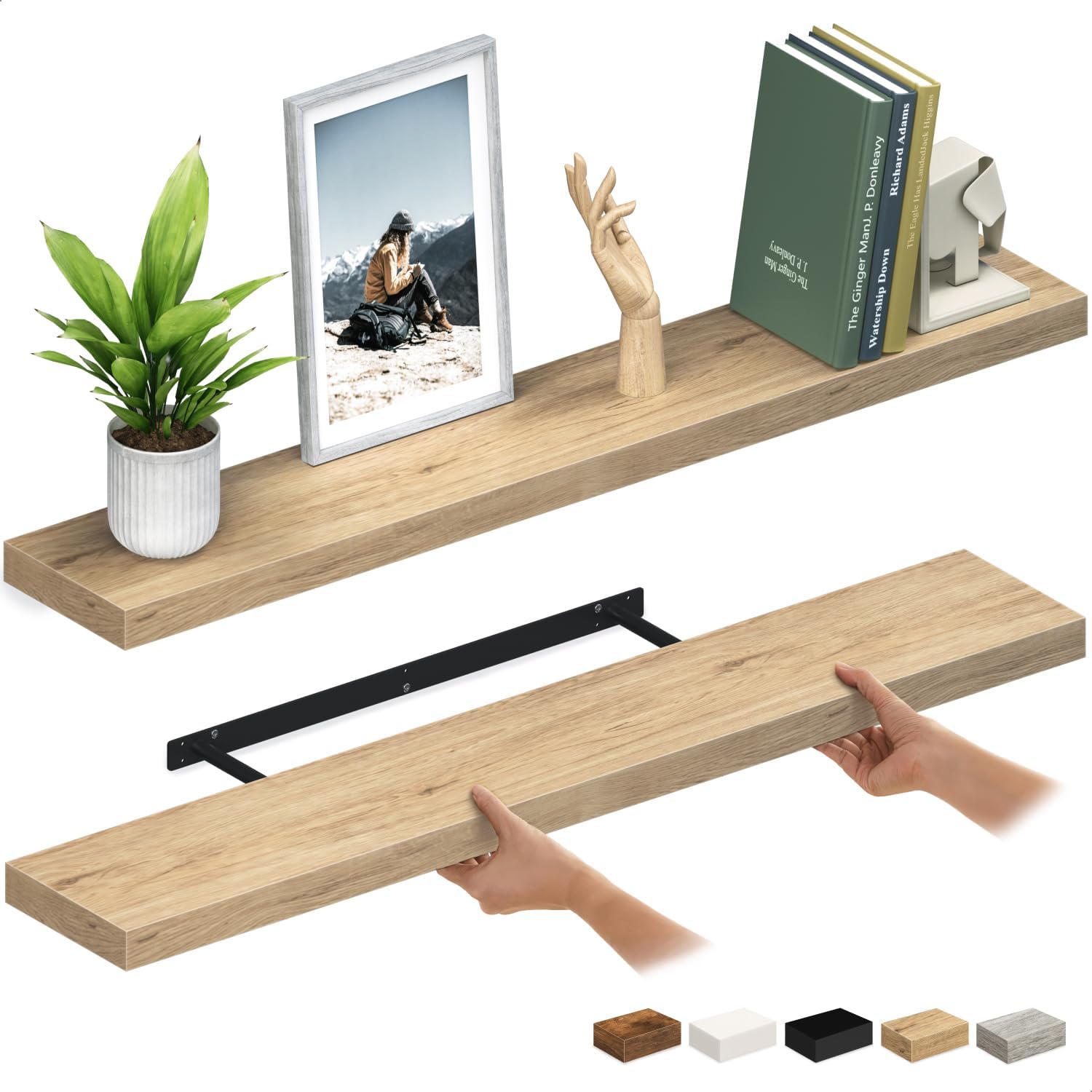 Ballucci Floating Shelves for Wall, 48" Wood Wall Shelf Set of 2, with Invisible Brackets for Bathroom, Living Room, Bedroom, Kitchen, Nursery, 8" Deep, Oak Finish 48" - 2 Pieces Oak