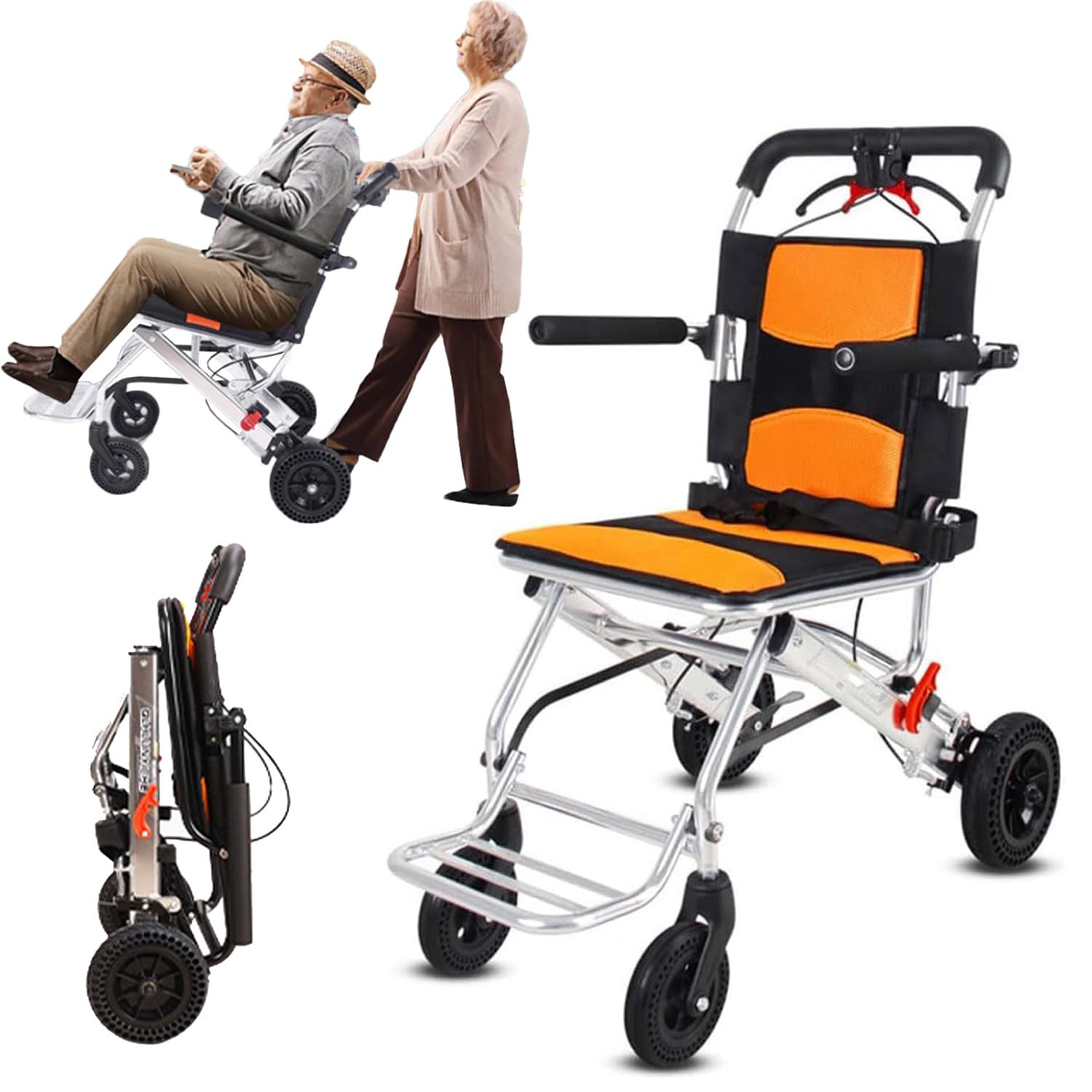 Sillas de Ruedas Plegables, sillas de Ruedas de Viaje portátiles con Freno de Mano, carros de Transporte Ligeros de aleación para sillas de Ruedas para Personas Mayores Que viajan en avión