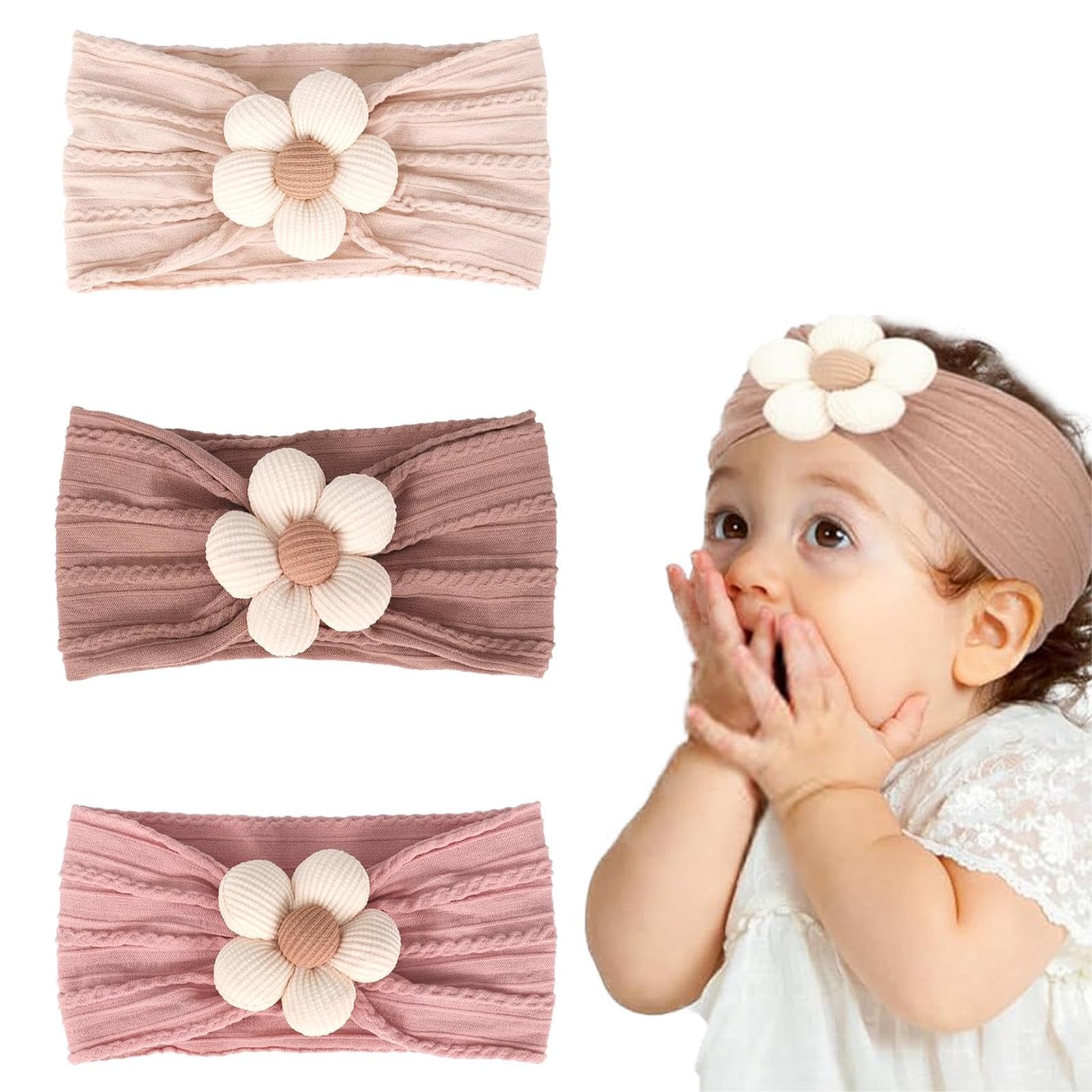 Wbgraceful 3Pcs Baby Flower Headbands, Flower Baby Girl Headbands Nylon Newborn Headbands Infant Headbands,for Newborn Baby Girls Infant Toddlers Kids Birthdays Photo Props (Khaki/Pink/Beige)