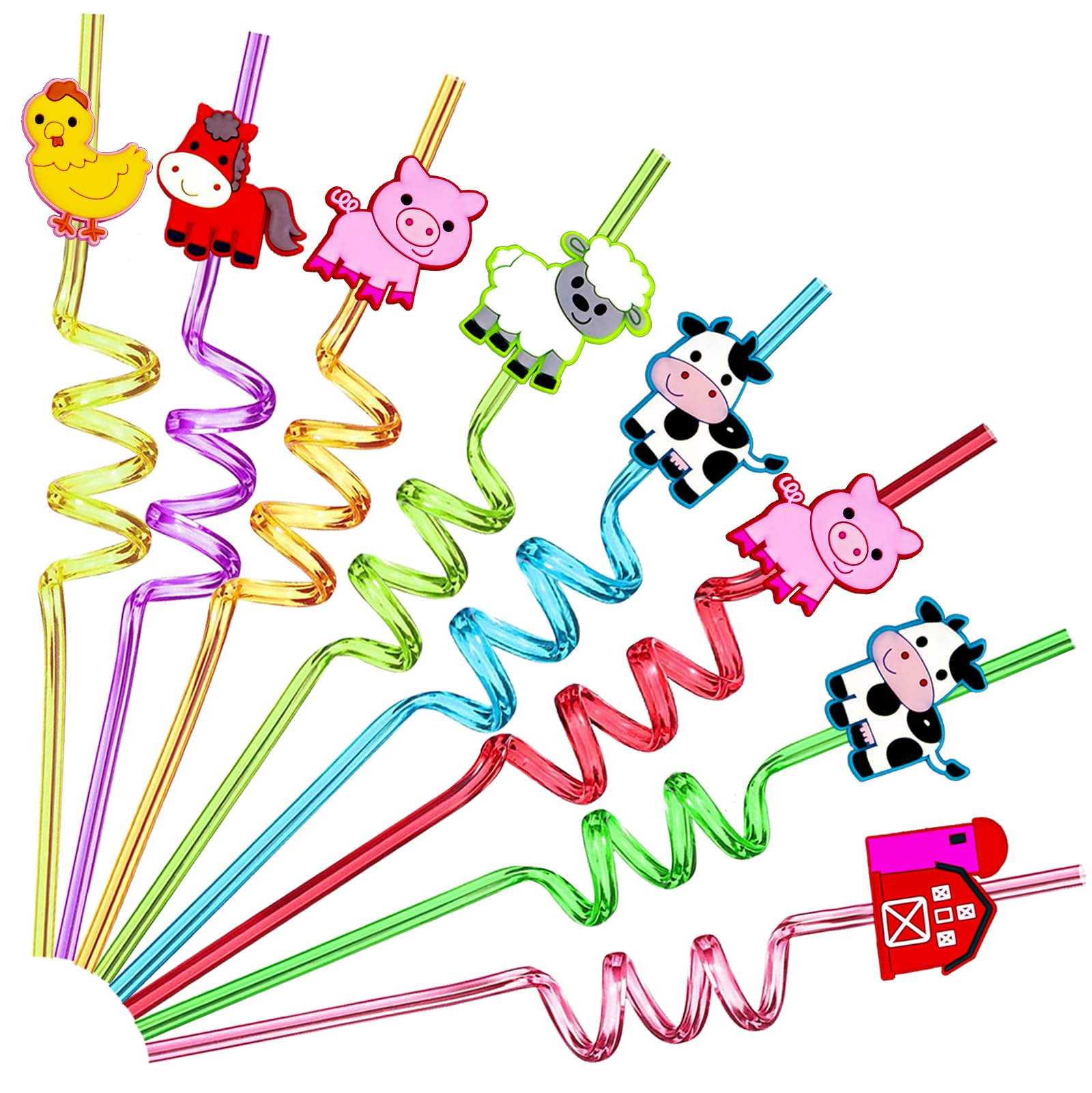24pcs Farm Animals Party Favor Straws,Reusable Drink Birthday Party Straws,Chicken Sheep Horse Cow Pig Farm Party Supplies With 2 Cleaning Brushes 8