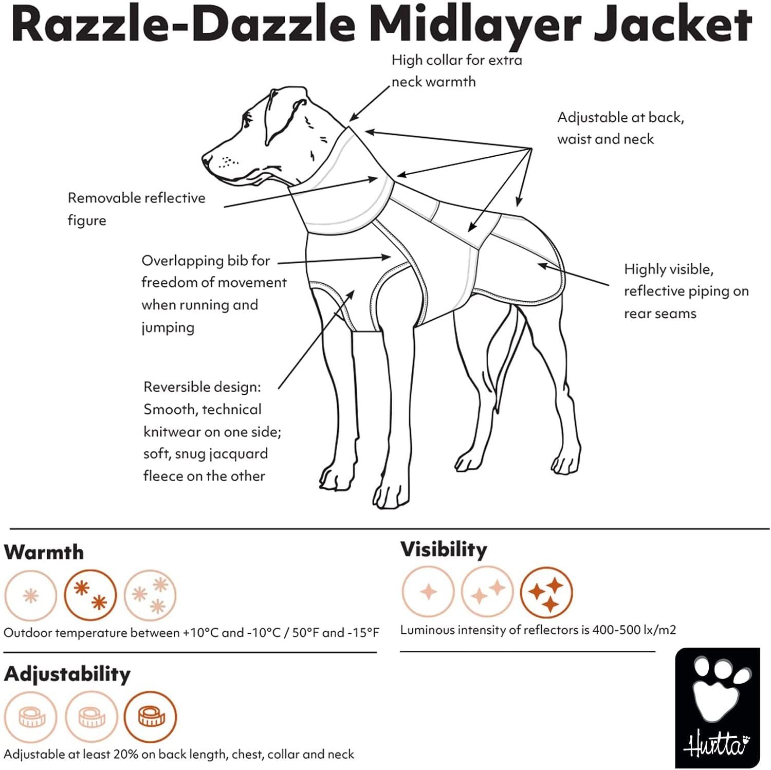 Hurtta Razzle-Dazzle Midlayer Jacke für Hunde, verstellbar, wendbar, Pull On, unter Regenmänteln und Wintermänteln zu verwenden - Blackberry/Grau-Grün 55 cm