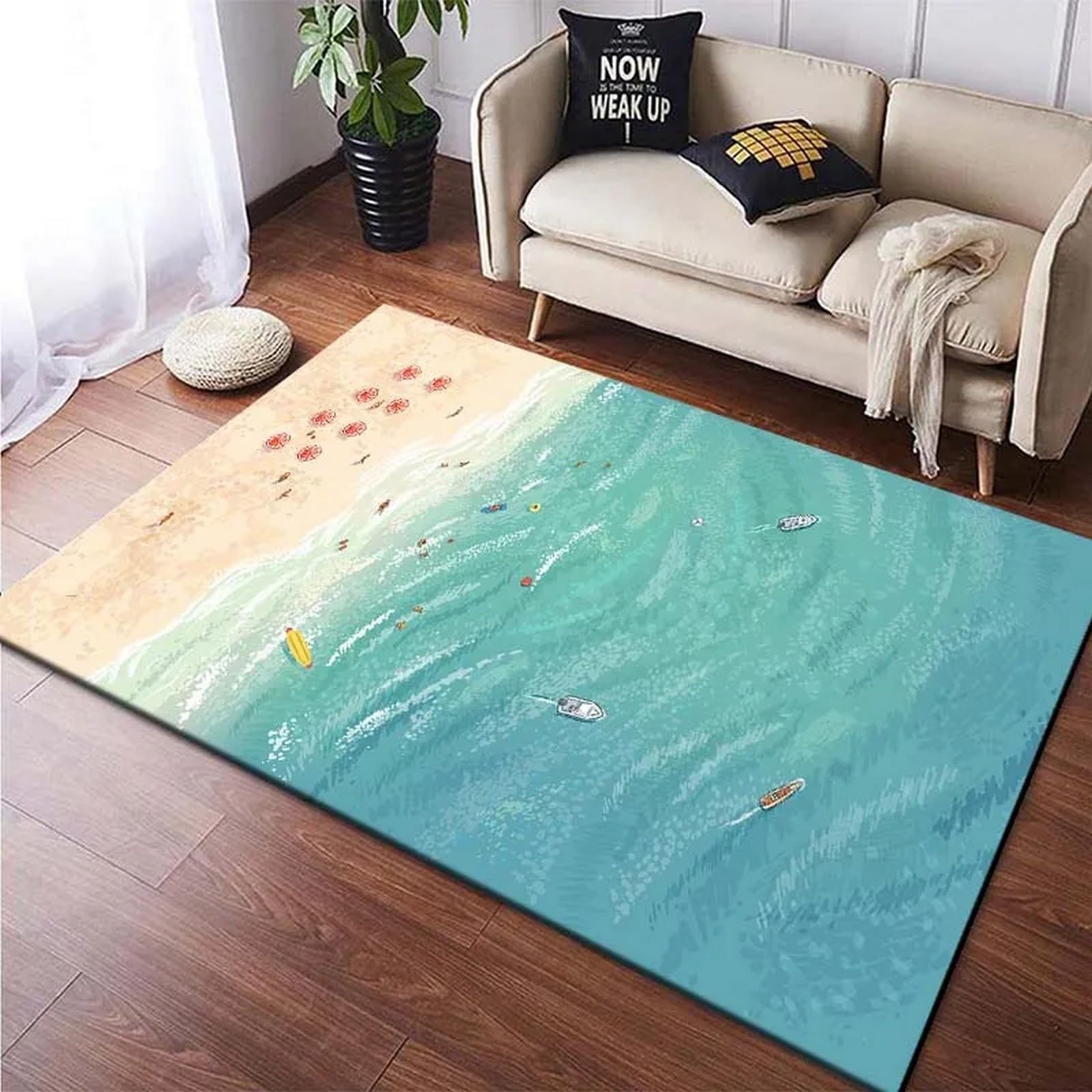 Tapis de salon paysage de plage 3D antidérapant en polyester doux pour décoration de chambre moderne