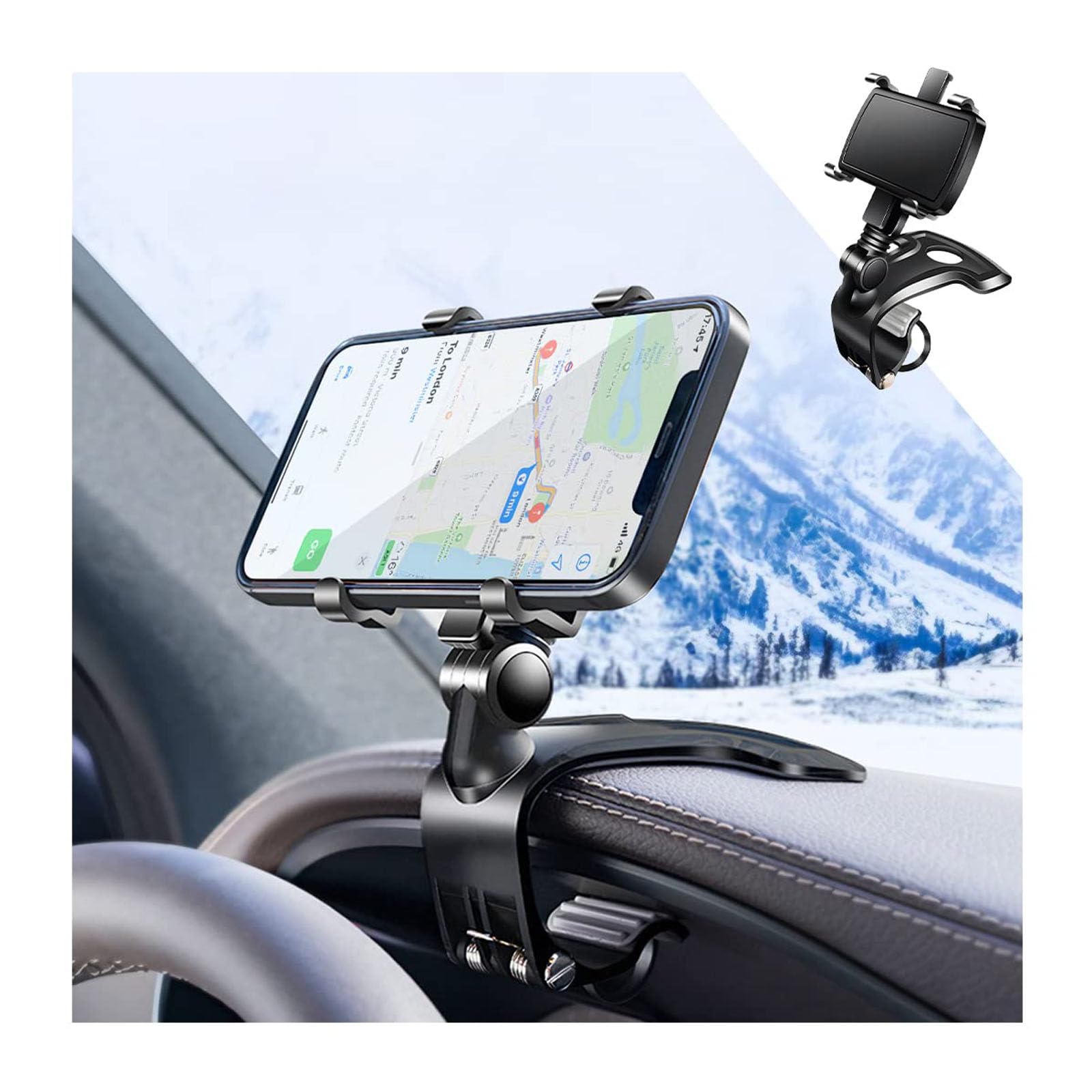 Adjustable Phone Mount for Car, 1400 Degree Rotation Dashboard Cell Phone Holder, Mobile Clip Stand for 3 to 7 inches Smartphones, Compatible with iPhone 13 Pro,13 Pro Max,13,13 min, Galaxy S10+